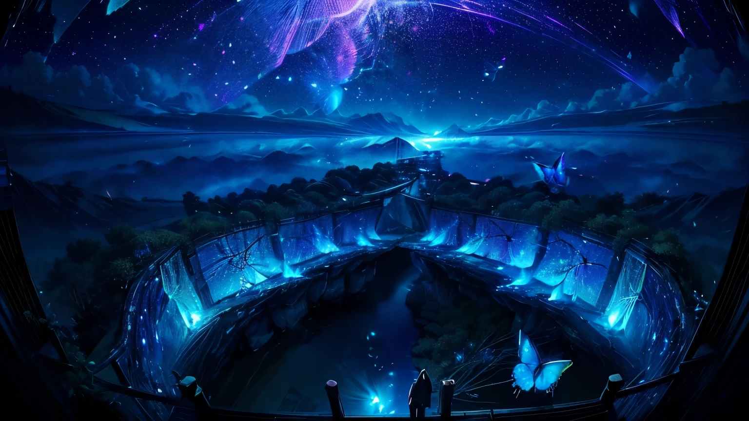 超HD, HD, high quality , Spectacular Scenery ,((息をのむような美しい Milky Way銀河))),(((水の上を飛び回っているコバルトブルーにShineモルフォ蝶の大群)).((morpho butterflies shining like neon signs)), shot with a fisheye lens ,((( mystical atmosphere ))), Beautiful Sunset , Majestic Atmosphere, Milky Way, star, star屑, Milky Way, 流star, (((There are no humans))), Beautiful Sunset , Bioluminescent flowers and trees at the bottom of the valley々Covered in, ((Mountain々Countless firefly lights shining on)),Shine, Majestic Atmosphere, Depth, Superb view from above , silence, Awe, hope, Romance, timelapse, Astrophotography,beautiful