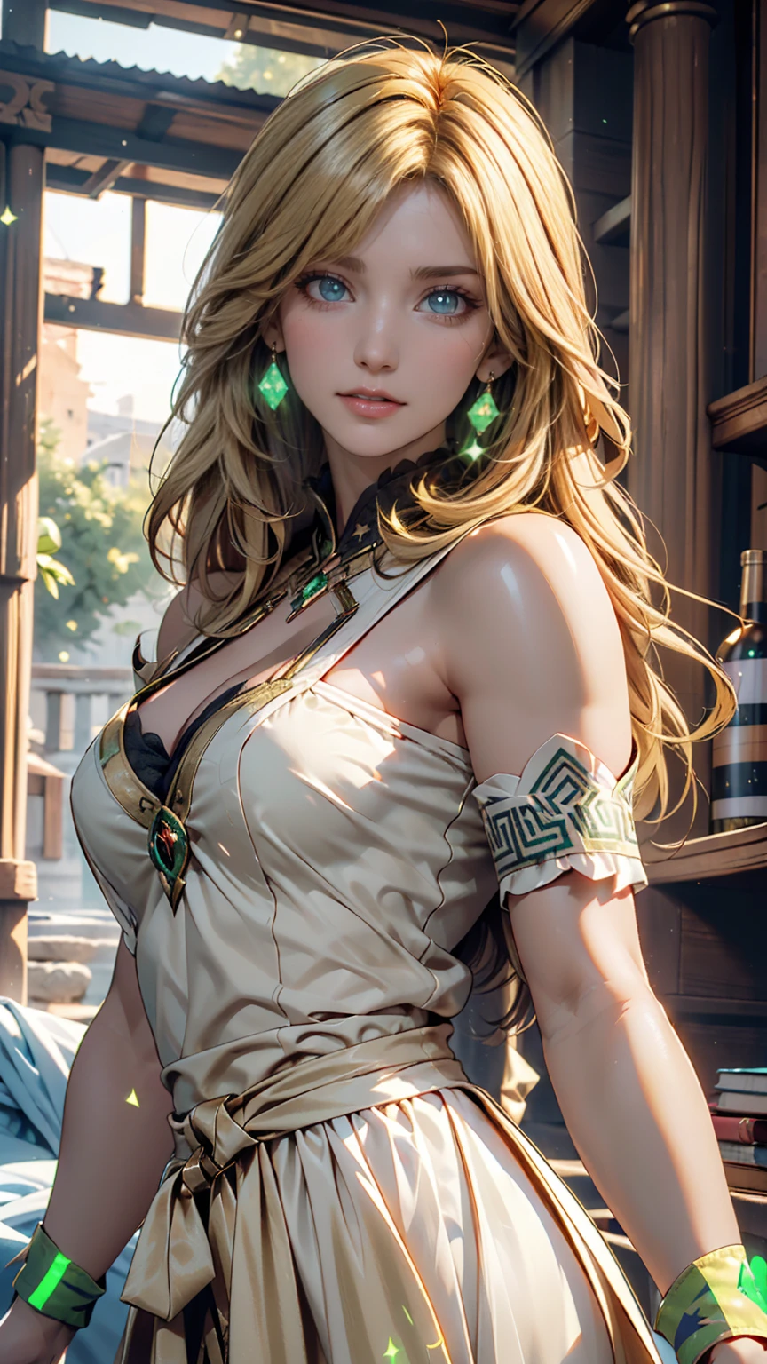 cream color peasant girl, 1girl, perfect and well designed shiny eyes, (beautiful detailed eyes:1.05), (big breasts), (standing nipples under cloth), slim body, beautiful and delicate face, (face detail), ((realistic face)), pores, fair skin, detailed skin, realistic skin, medium length hair, hair voluminous, super high resolution, 8k, parameters Best quality, (masterpiece:1.4), (magic accessories:1.4), bracelets, necklaces, white extremely detailed ((pleated skirt dress:1.3),(silk sundress:1.3), lacy, (wrap dress:1.5)), {(lycra camisole:1.3)|(lycra kimono:1.4)}, (light wrap clothing:1.4), (neckline:1.3), (cleavage), decolette, naked collarbone, ((navel)), ultra detailed, photorealistic, ((Real image)), (best quality:1.4), super high resolution, (Realistic 2.0), More details, (full body portrait), (((1girl))), (witchcraft:1.7), magic energy flows and sparkles, {((castle, stronghold) city:1.2)|hills|((vegetation:1.2) fields with village on background:1.1)}, large runic stones, (beautiful and aesthetic:1.2), (fractal art:1.4), (cinematic light:1.1), (DUTCH ANGLE:1.7), 16K, HDR, RTX, Ray Tracing, Radiosity, Anisotropic Filtering, Subsurface Scattering, (((magic lights))), metallic reflections, Detailed, Realistic, 4k highly detailed digital art, (cool_color), extremely detailed CG unity 8k wallpaper, vibrant colors