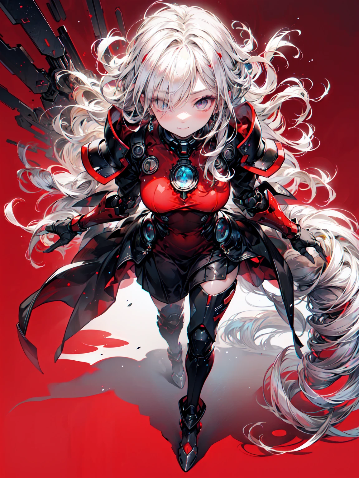 (masterpiece, Top quality, best quality, Official Art, Beauty and aesthetics: 1.2), Very detailed, Fractal Art, rich and colorful, Most detailed, tangled, (1 Girl), White hair, Long hair, (Glittering red eyes), Large Breasts, mystery, (magic), Tights, Sexy, (Mecha, Rabbit ears)