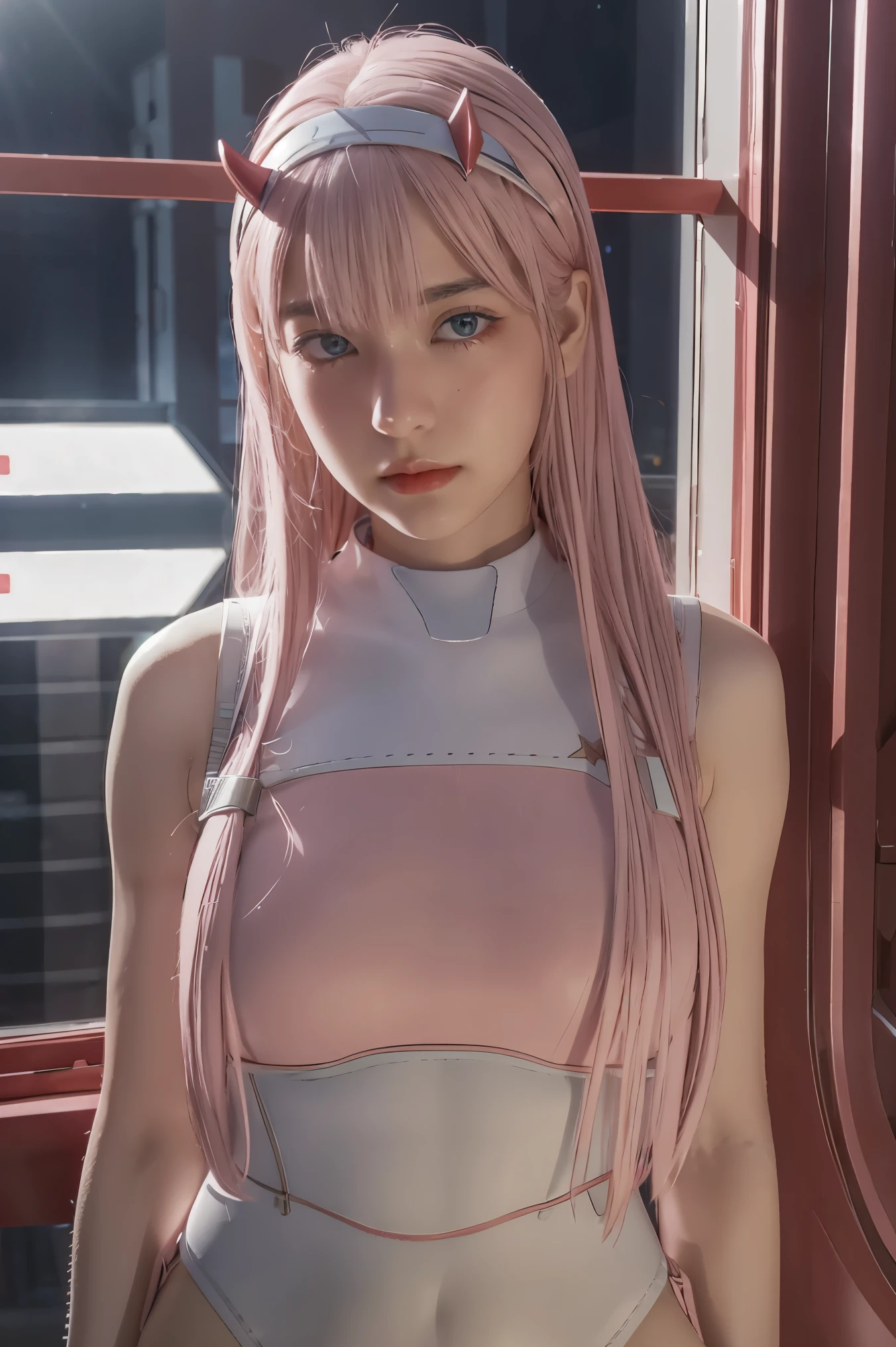 dynamic angle,ultra-detailed, illustration, straight on, 1girl, ((Zero two, interface headband with a pair of horns, red bodysuit:1.4, pink hair)), Her eyes shone like dreamy stars,(glowing eyes:1.233),(beautiful and detailed eyes:1.1),(expressionless, closed mouth),(standing), (mechanic room with tools and spaceship window in a white SPACESHIP), (night:1.2), dreamy, [[delicate fingers and hands:0.55]::0.85],(detail fingers), smirk,