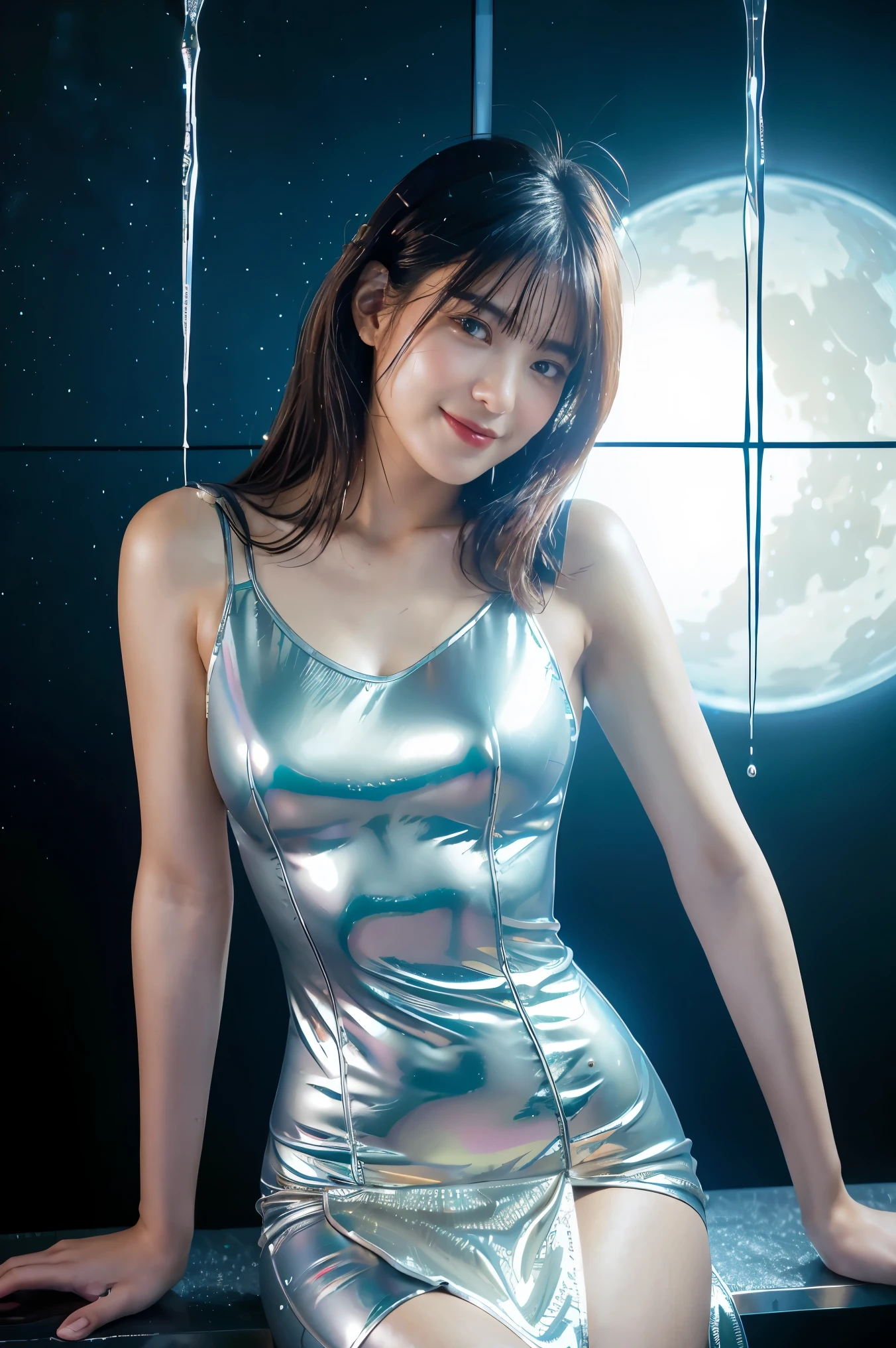 best quality, masterpiece, realistic, 1girl,  metallic dress, messy [updo|hanging] hair, (full body:0.6), solo, (full body:0.6), looking down, detailed background, detailed face, Sc3pt4, sci-fi theme:1.1), mercury-wizard, melancholic, surrounded by waves of iridescent silver, alchemical imagery, reflections, silver-colored fluid, metallic sheen, shiny, dynamic pose, fluid movement, floating particles, droplets of mercury, flowing metal, blending mercury, a foreign planet in the background, dripping mercury formations, volumetric lighting, cinematic atmosphere, sharp details, high detail skin, realistic skin texture, 