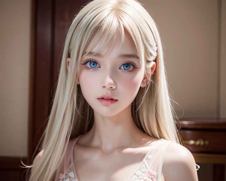 A beautiful blonde  with blue eyes, round face, round eyes, small pink mouth. Hair with wavy ends, chubby cheek, She&#39;s wearing jeans and a pink blouse