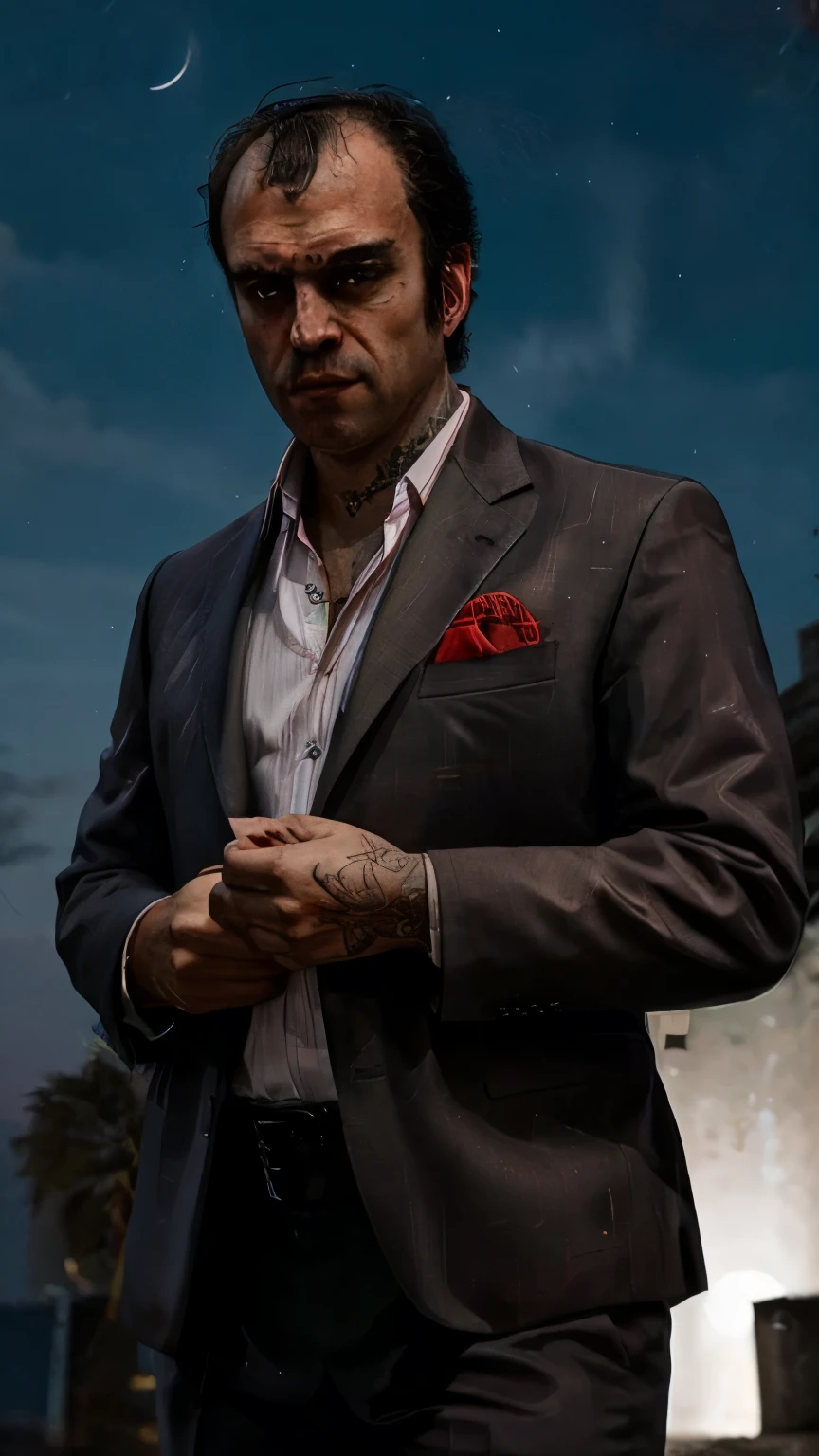 high resolution, at night, Alone, man, hair shaved from the sides, suit and tie, hand tattoo