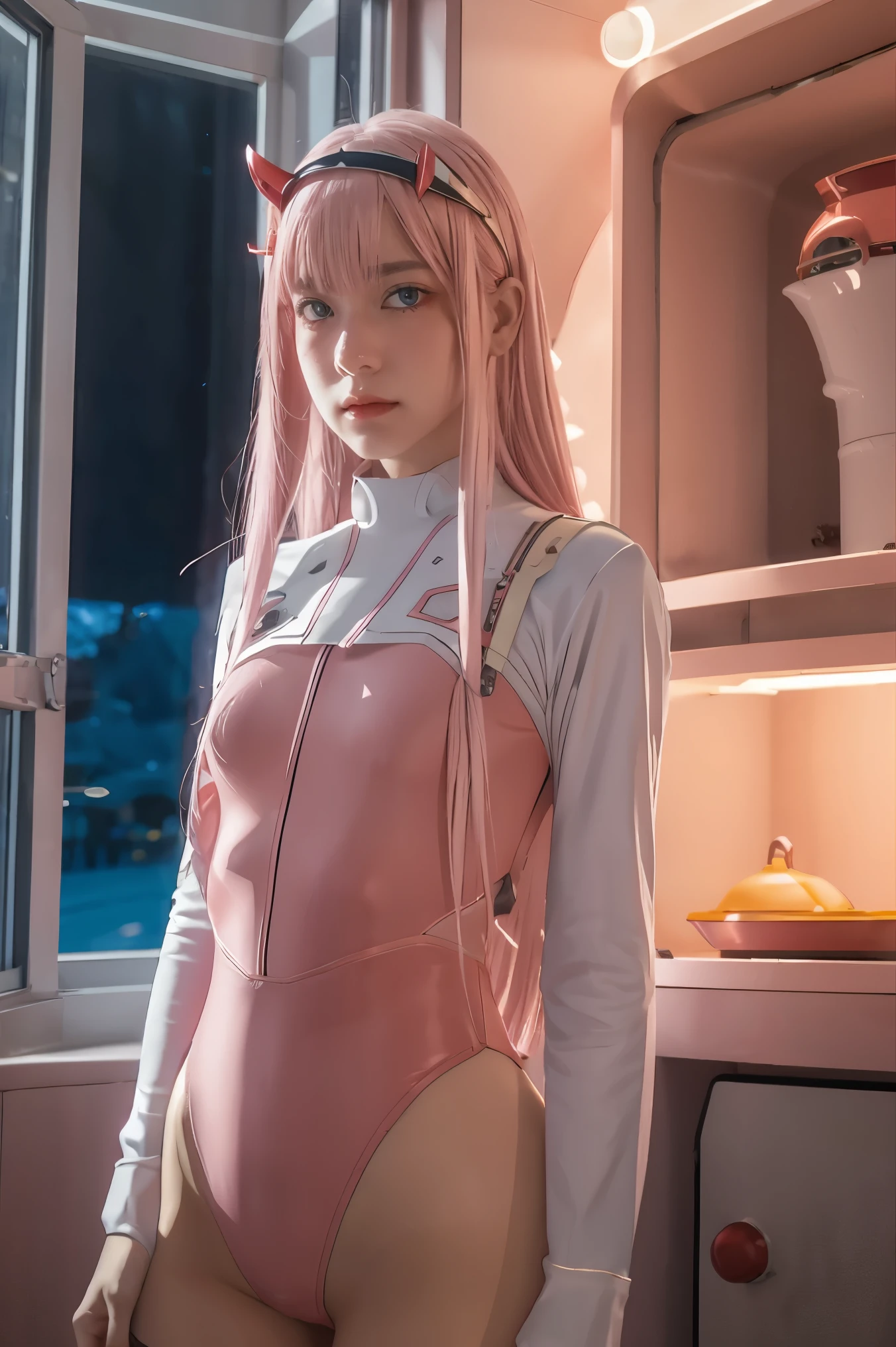 dynamic angle,ultra-detailed, illustration, straight on, 1girl, ((Zero two, interface headband with a pair of horns, red bodysuit:1.4, pink hair)), Her eyes shone like dreamy stars,(glowing eyes:1.233),(beautiful and detailed eyes:1.1),(expressionless, closed mouth),(standing), (mechanic room with tools and spaceship window in a white SPACESHIP), (night:1.2), dreamy, [[delicate fingers and hands:0.55]::0.85],(detail fingers), smirk,