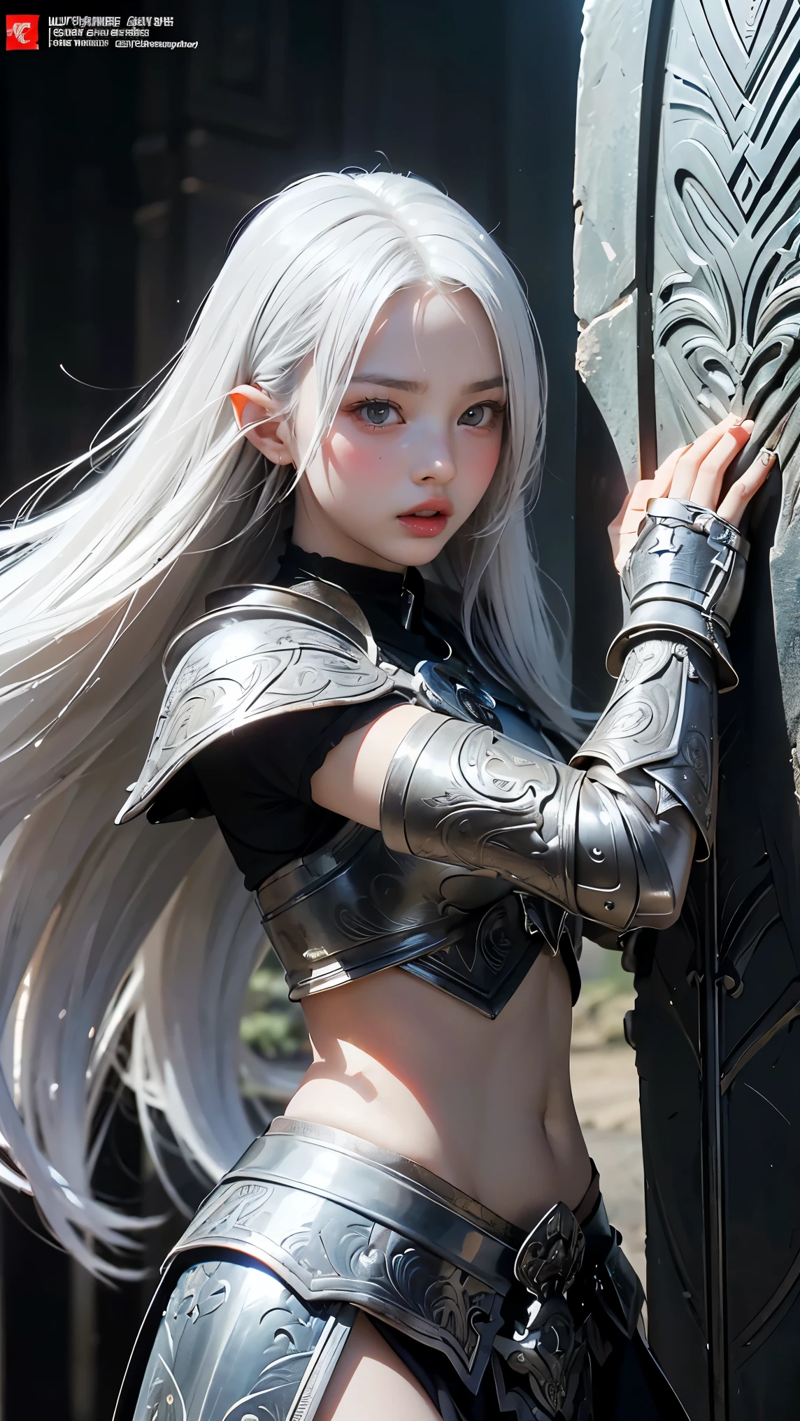 ((best quality)), ((Masterpiece)), (details), perfect face, White Warrior, ((long white hair, white skin, conjunctivitis)), Black Magic Sword, (A greatsword engraved with red runes.), Crazy eyes, Pale cheeks, fantasy novels, 2 women, ((silver armor, glove, And the shield has engraved patterns.))