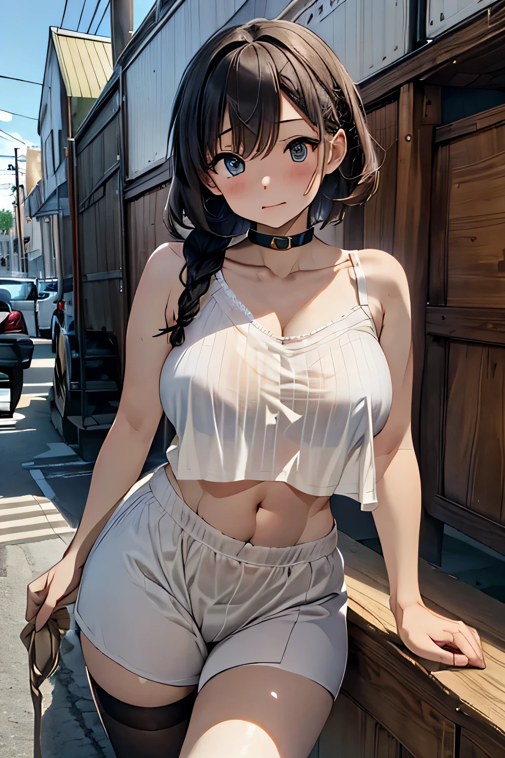 ( curvaceous, large chest),(( sexy), size is small,tent outfit, ( see-through, cropped camisole, Beige 00), chest元),huge chest,chest元, underbob, train on the platform of a high school girl , short hair, braided hair, Chichibukuro, beautifully detailed eyes, dark eyes,(cute eyes), black thigh high socks, (waistline carving:1.5), (cowboy in the parlor of the house), TOP QUALITY, very detailed, masterpiece, super high resolution, 8k, (skin indentation:1.5), embarrassed, , wonderful, ( She has teary eyes ), open your mouth, sweat, chest元, chest
