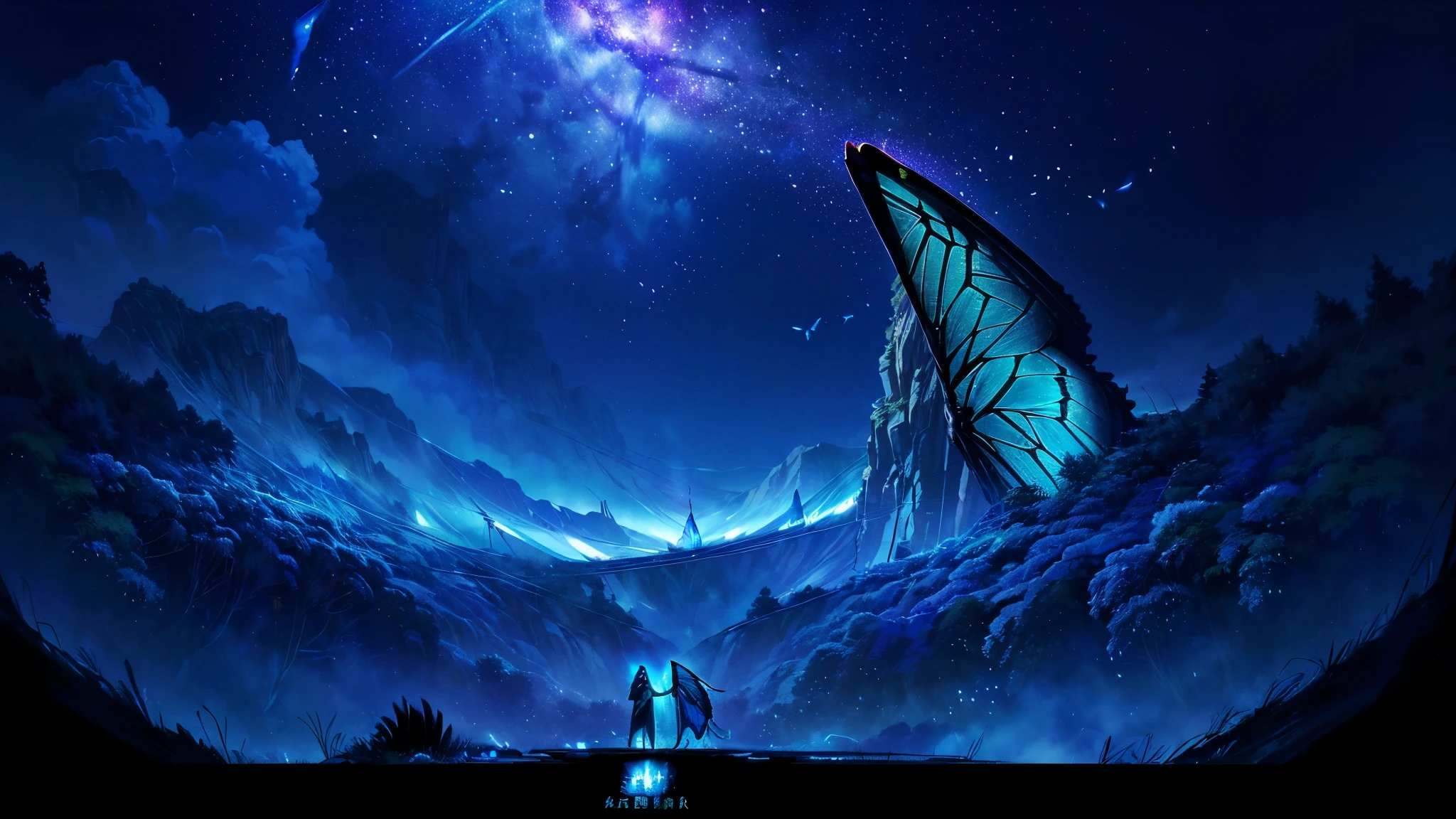 超HD, HD, high quality , Spectacular Scenery ,((息をのむような美しい Milky Way銀河))),(((水の上を飛び回っているコバルトブルーにShineモルフォ蝶の大群)).((morpho butterflies shining like neon signs)), shot with a fisheye lens ,((( mystical atmosphere ))), Beautiful Sunset , Majestic Atmosphere, Milky Way, star, star屑, Milky Way, 流star, (((There are no humans))), Beautiful Sunset , Bioluminescent flowers and trees at the bottom of the valley々Covered in, ((Mountain々Countless firefly lights shining on)),Shine, Majestic Atmosphere, Depth, Superb view from above , silence, Awe, hope, Romance, timelapse, Astrophotography,beautiful