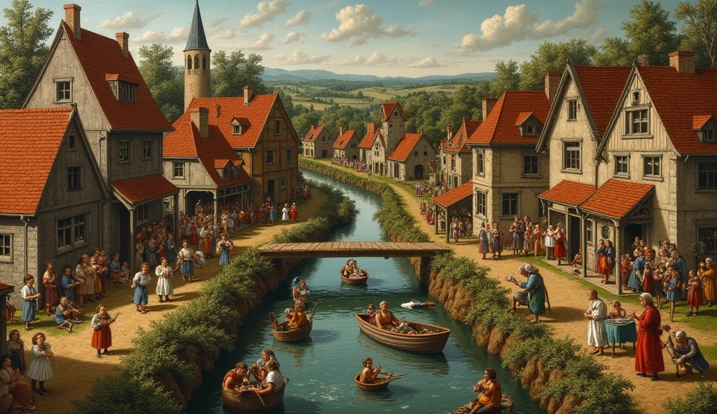 "A detailed painting in the style of Pieter Bruegel the Elder, depicting a chaotic and lively medieval village scene. The composition is rich in characters engaged in daily activities, with surreal and symbolic elements. There are people who cook, they work, fight and gamble, while others perform bizarre actions. A river crosses the village, with some fishermen and people taking a bath. The architecture is rustic, with wooden and stone houses, sloping roofs and a water mill in the background. The colors are earthy and natural, with minute details and warm lighting. The atmosphere is chaotic but fascinating, with a sense of realism and irony."