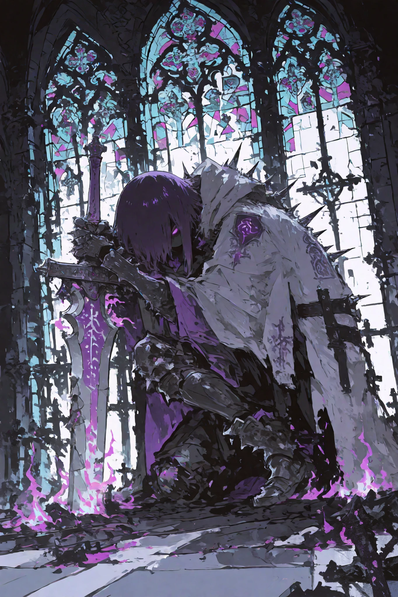 illustration, best quality, dramatic lighting,r17329_illu,usnr,illustration, masterpiece, best quality, 8k, highres, ultra-detailed, HDR, UHD, studio lighting, ultra-fine painting, sharp focus, physically-based rendering, extreme detail description, professional,,BREAK,
1man,
A fallen paladin, now tainted with dark demonic power, stands in a ruined church, his once holy armor now darkened and twisted, adorned with spikes and purple runes, his pose is one of defiance and agony, with one knee bent forward as if resisting an unseen force, his right arm stretched out, holding a sword covered in dark flames, and his left arm shielding his face as if from an overwhelming light, his eyes are a piercing purple, filled with anger and betrayal, the church around him crumbles, broken stained-glass windows casting eerie colors over the scene, as he struggles between his former faith and newfound demonic power.