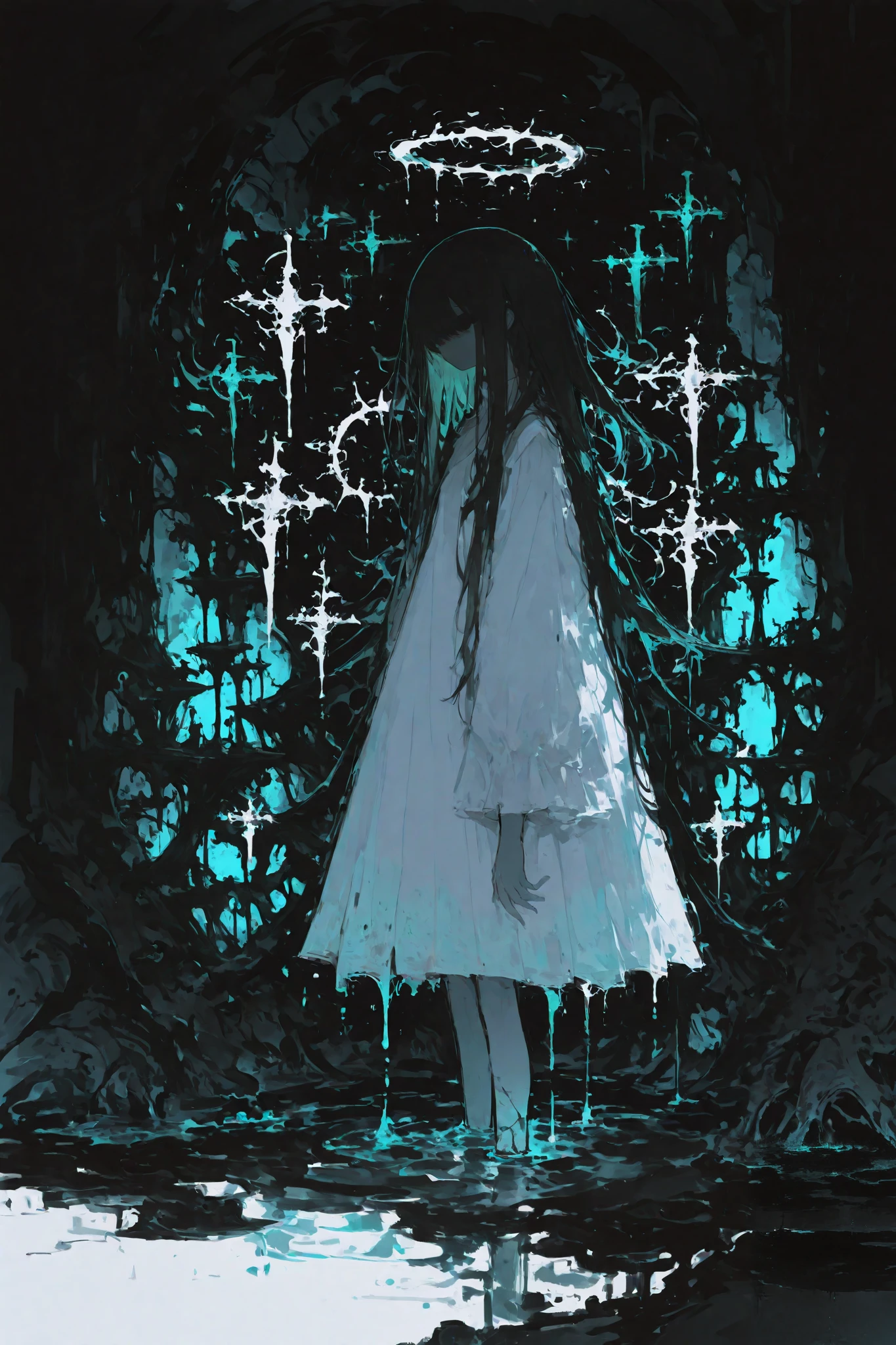 illustration, best quality, dramatic lighting,r17329_illu,usnr,illustration, best quality, chiaroscuro, dramatic lighting, dark cave, mysterious atmosphere, long haired girl, white dress, melancholic expression, standing in water, glowing halo, shadowy figures, dripping stalactites, reflective water surface, monochromatic tones, ethereal and haunting mood