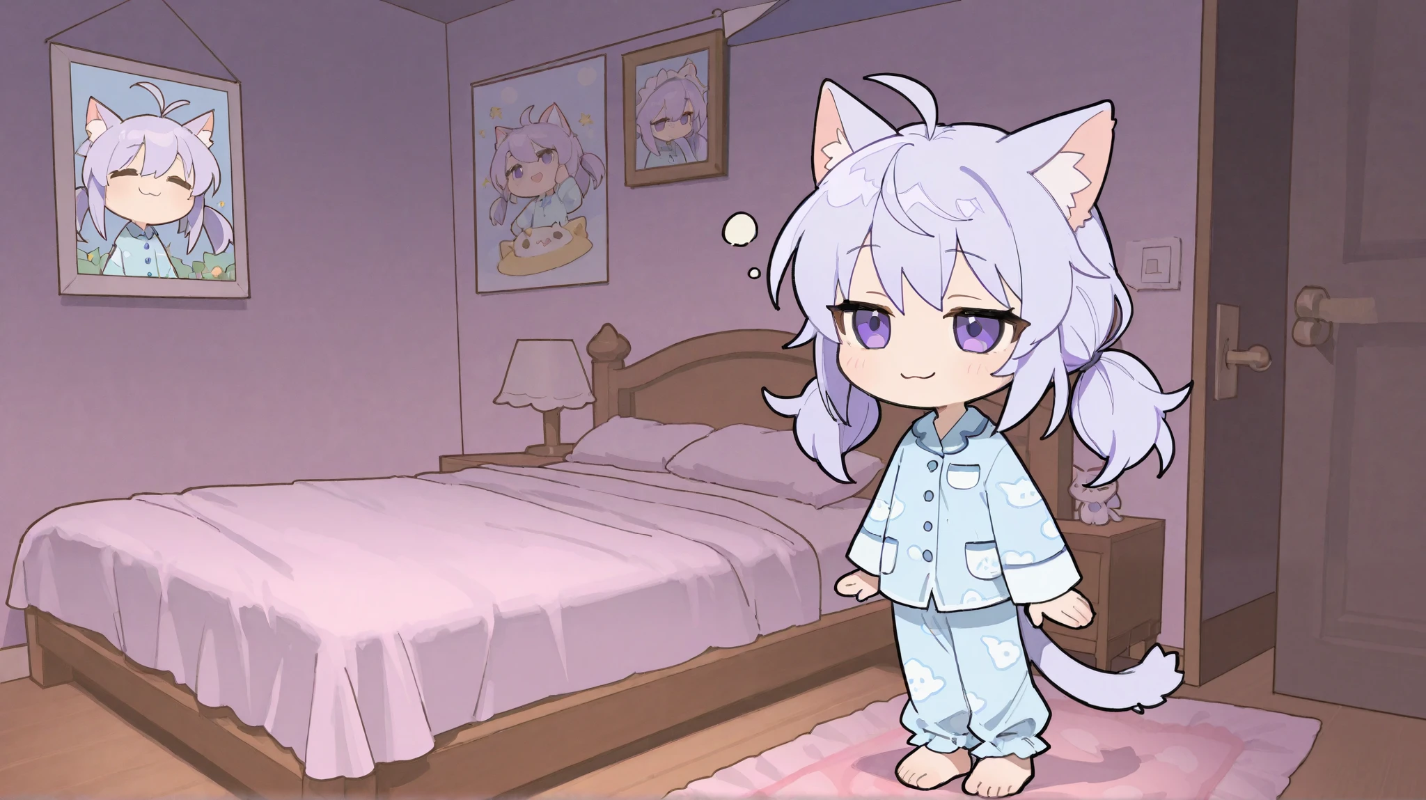 1 girl、 full body standing picture 、Cat ears、 light purple hair、twin tails、Purple eyes、 light blue pajamas that roll up the hem of clothes、 on the bed、Looks sleepy、smile、 deformed、 little character