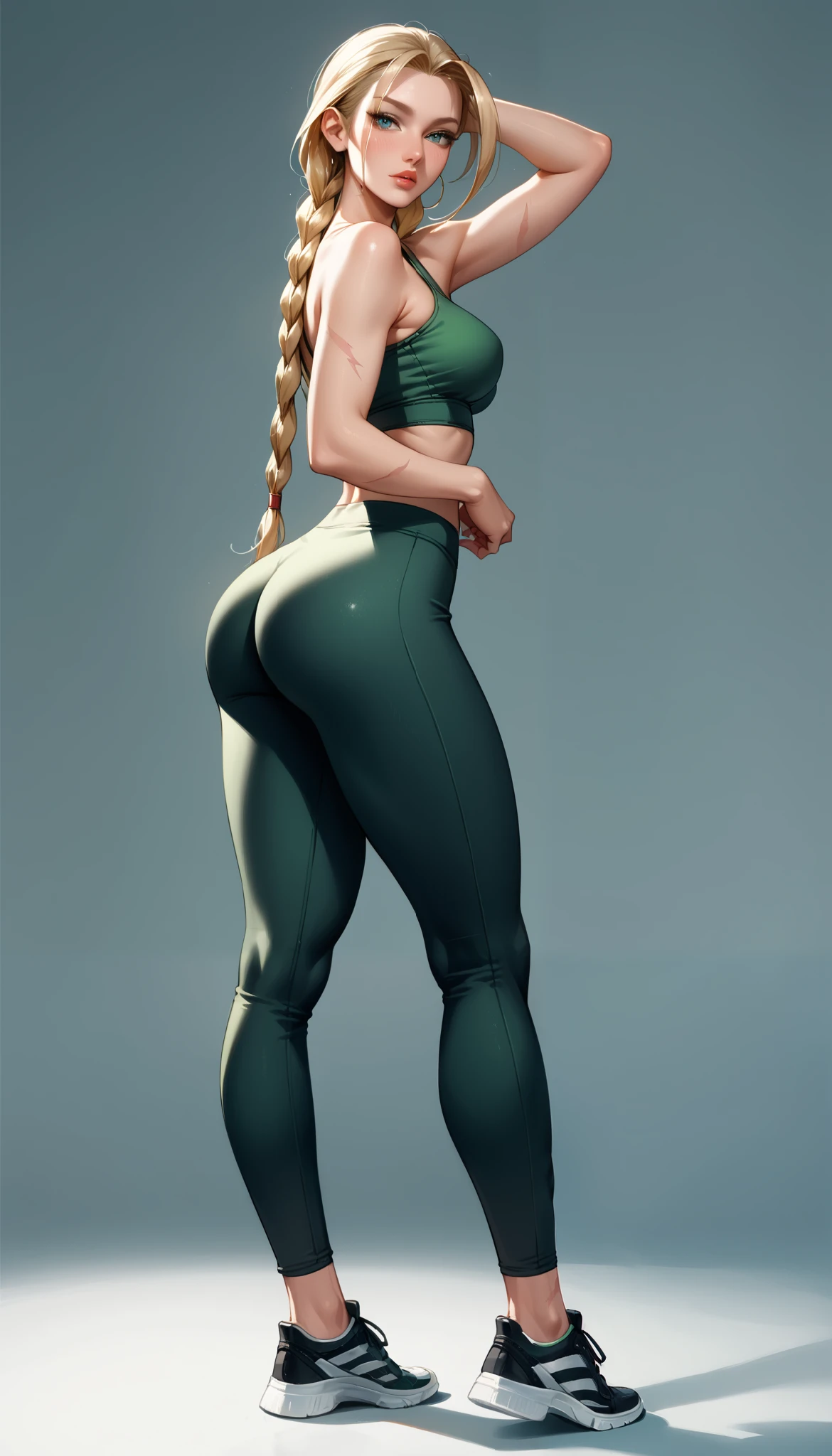 review_ questionable , Fantasy, Lighting, epiCPhoto, 1 , very sexy (cammySDXL, blonde hair , long hair, double braids, scar on the face :1.1), Beautiful Waifu , yoga pants , dark green yoga pants, standing in the gym, long legs, sneakers, round ass, thick, alone, , flirt, look, sexy look, half-closed eyes , head tilt, full lips , lábios thicks, make above, model test, , dark, melancholic nocturnal, dark Fantasy style.