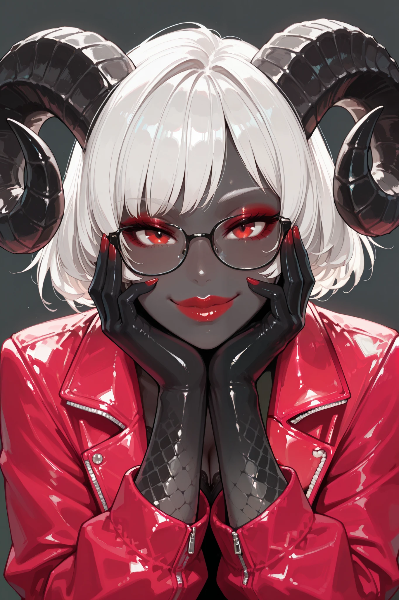 (masterpiece, best quality, dynamic lighting, smooth quality, 1girl, black skin, sheep horns, dark grey skin, lizard-scale skin, short hair, white hair, bangs, red eyes, puffy lips, red lipstick, glossy lips, seductive makeup, glasses, wearing tiny pink jacket with fur, simple background, complementary colors, confident expression, looking at viewer, smiling, seductive pose)