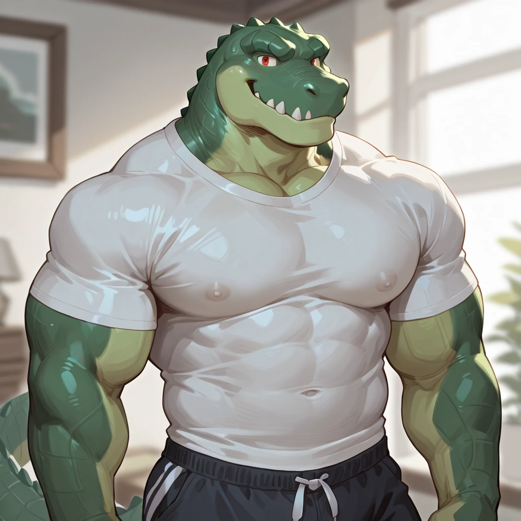 Green alligator# in red eyes # furry# Glossy Body #Wear sweatpants# White Shirt# smile# in the bedroom# (Painter's profession#)
