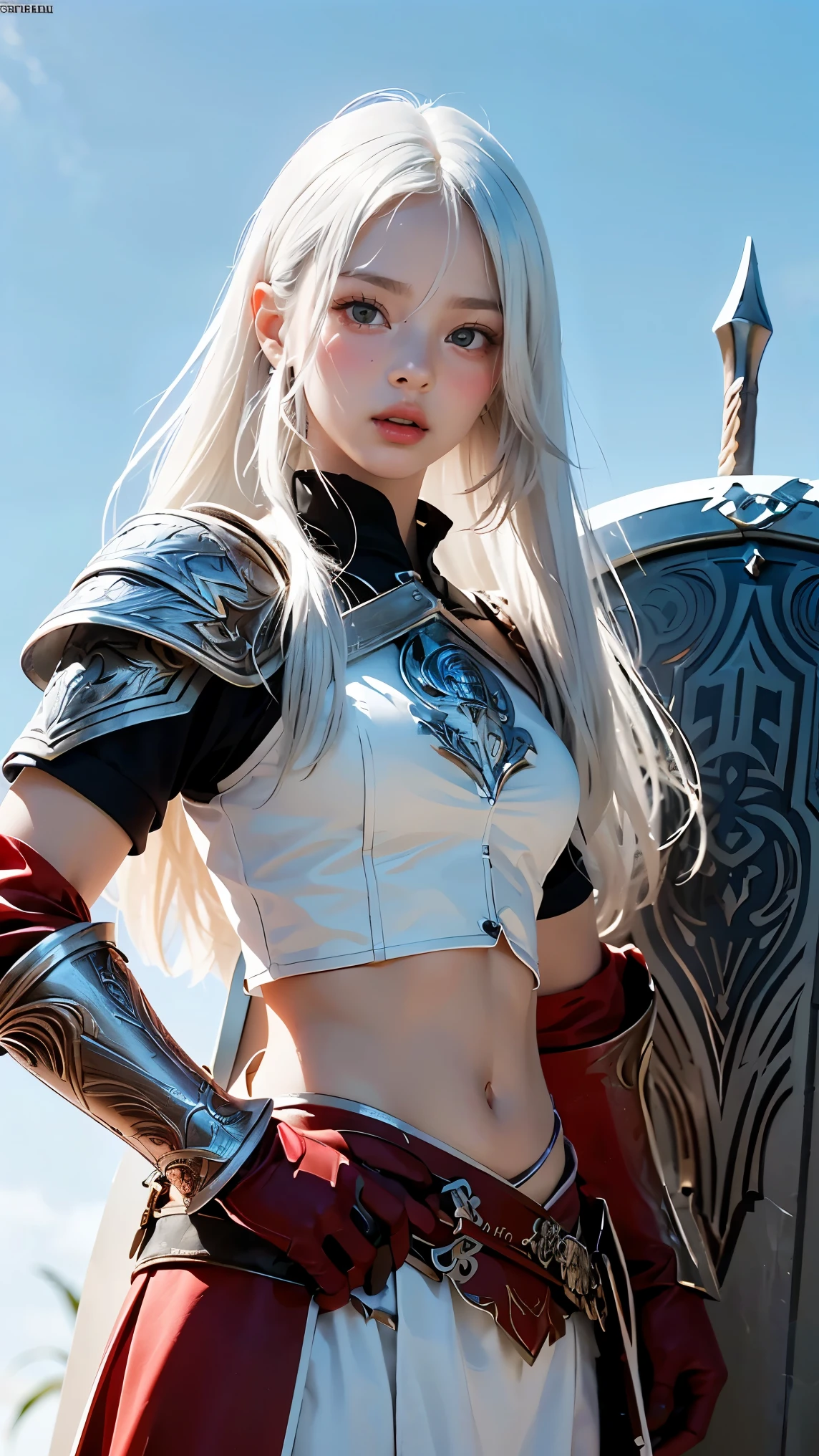 ((best quality)), ((Masterpiece)), (details), perfect face, White Warrior, ((long white hair, white skin, conjunctivitis)), Black Magic Sword, (A greatsword engraved with red runes.), Crazy eyes, Pale cheeks, fantasy novels, 2 women, ((silver armor, glove, And the shield has engraved patterns.))
