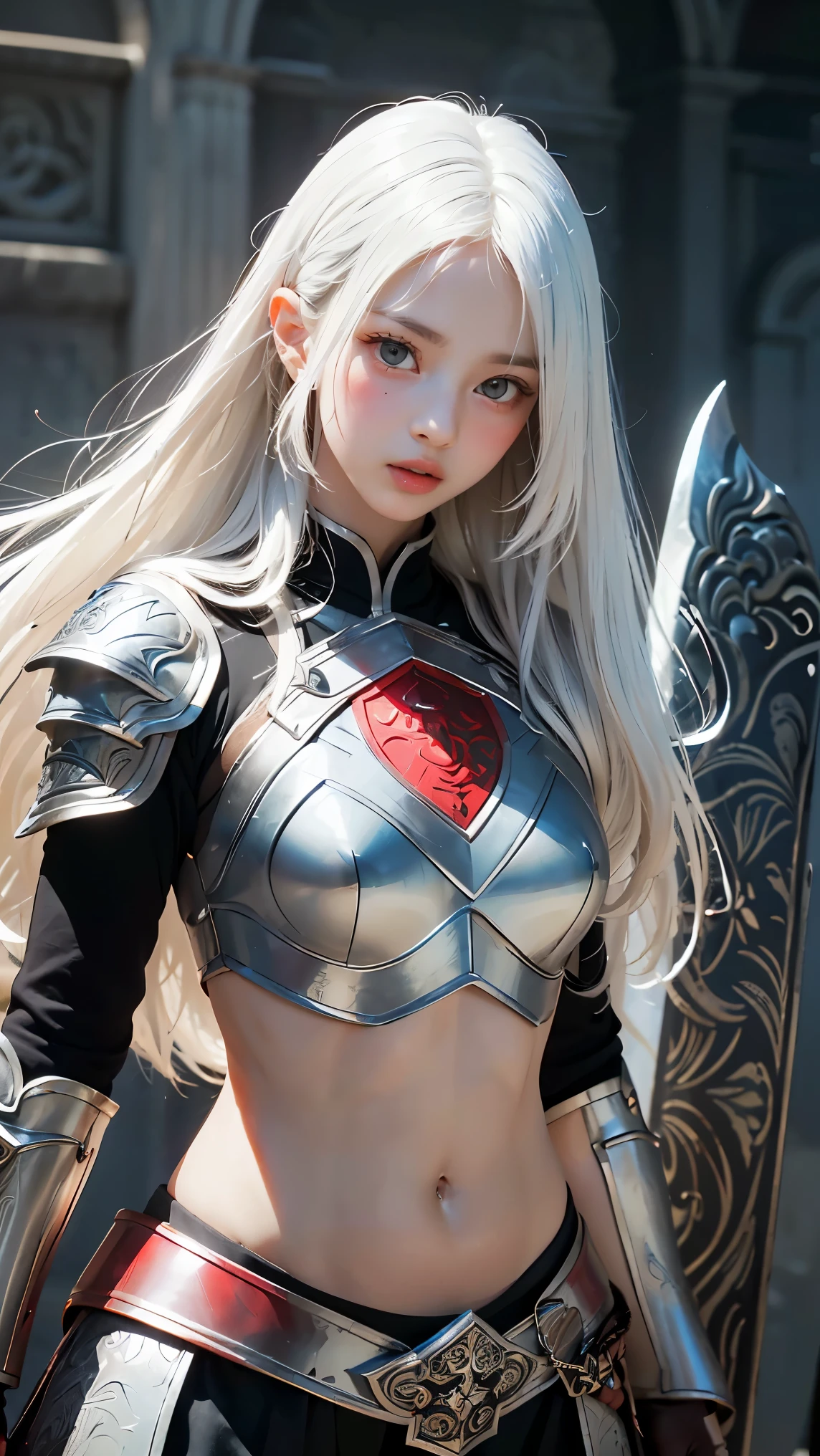 ((best quality)), ((Masterpiece)), (details), perfect face, White Warrior, ((long white hair, white skin, conjunctivitis)), Black Magic Sword, (A greatsword engraved with red runes.), Crazy eyes, Pale cheeks, fantasy novels, 2 women, ((silver armor, glove, And the shield has engraved patterns.))