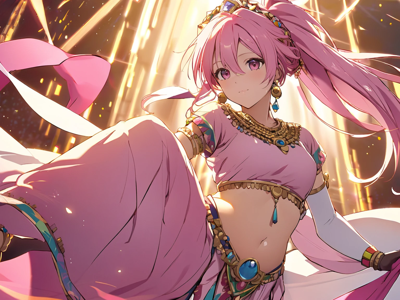 Kirito, Pink egyptian dancer&#39;s clothing, blushing smile, brown skin, long black hair, standing alone in the dance hall, big breasts breast enlargement looking into camera illustration, ultra-detailed, HDR, vibrant colors, soft lighting high quality and super detailed