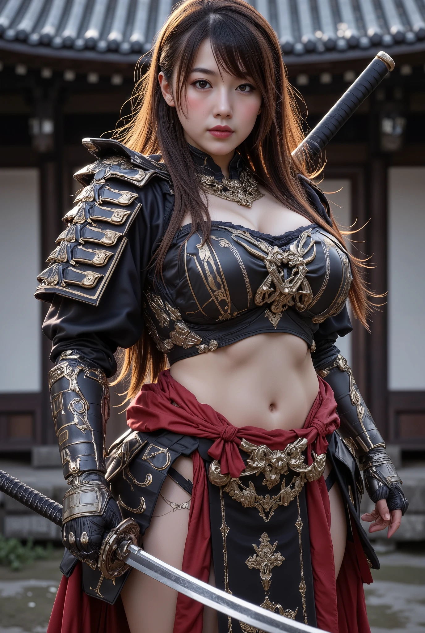 ( masterpiece, TOP QUALITY, by Nomi, high resolution, photos, :1.3), sharp concentration, 1 Beautiful Japanese Warrior Women, ((( Beautiful kind face :1.5))), long hair, ((( plump body))), 腹logic, logic, Japanese Armor , Long loincloth, Standing Pose, (( full body shot)), full body, has a large sword, Japanese style background, night,