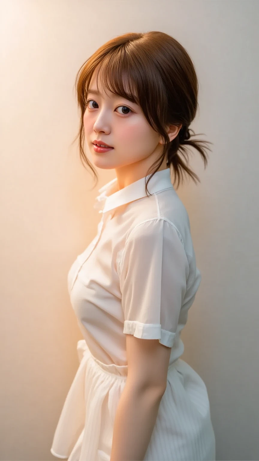 Best quality, masterpiece, ultra high res, (photorealistic:1.4), raw photo, 1girl, DARK hair, shiny skin, WET BODY, dramatic lighting, full body, bitch, (((naked on business collared white shirt sleeveless))), flat chest breasts