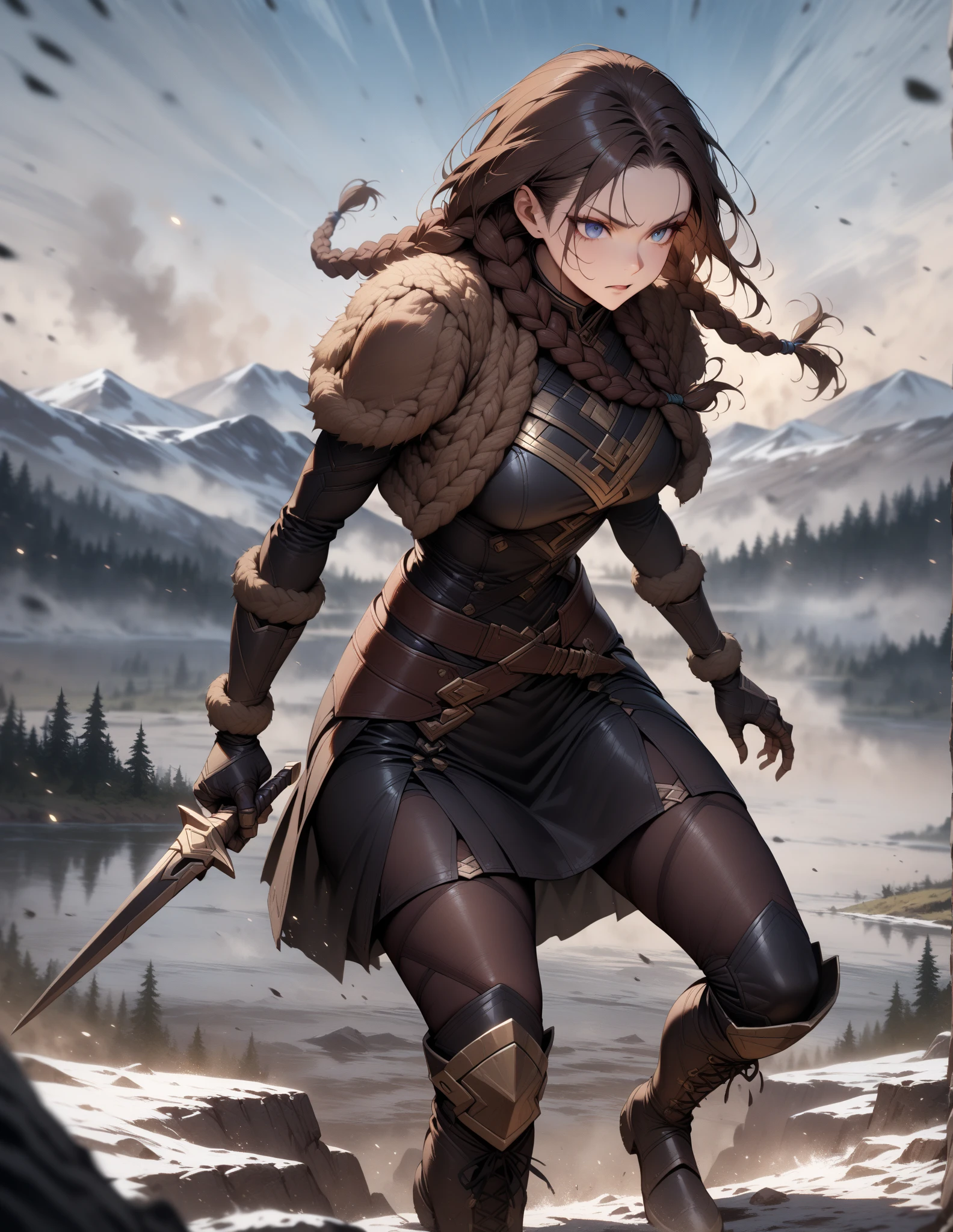  masterpiece,  best quality, 1 woman, fighter, Alone, brown hair with braids,  braided braids , (((wooden beads braided hair))),
Wollrock + Fur vest, lined boots with sheepwool, black underdress, pulled dagger in front of itself, ready for battle, foggy landscape on a lake, hills surrounding, bare trees , frosty ground.
 high resolution, Exactly,  have anatomically correct, blue eyes, Fangzahn, 