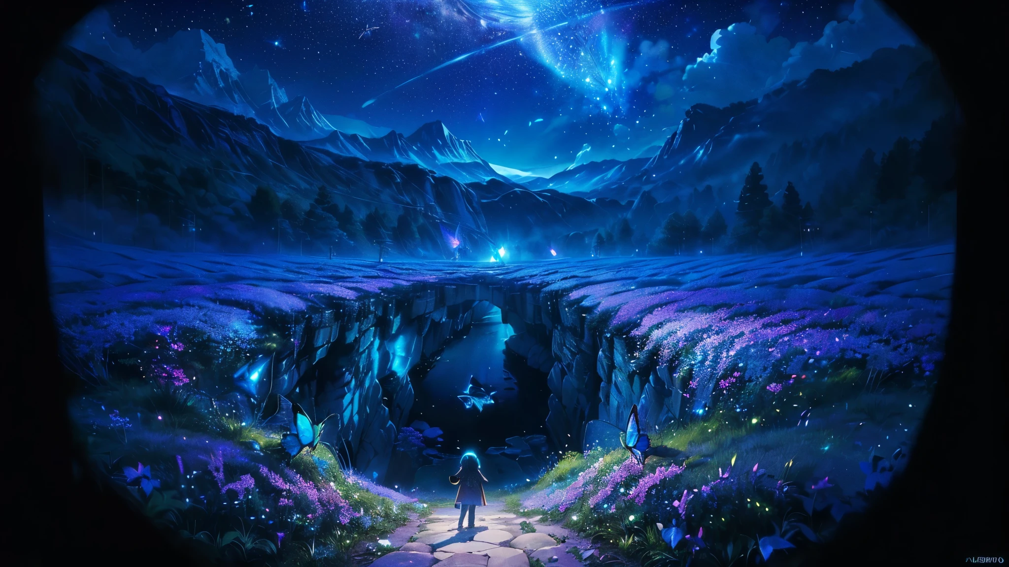超HD, HD, high quality , Spectacular Scenery ,((息をのむような美しい Milky Way銀河))),(((水の上を飛び回っているコバルトブルーにShineモルフォ蝶の大群)).((morpho butterflies shining like neon signs)), shot with a fisheye lens ,((( mystical atmosphere ))), Beautiful Sunset , Majestic Atmosphere, Milky Way, star, star屑, Milky Way, 流star, (((There are no humans))), Beautiful Sunset , Bioluminescent flowers and trees at the bottom of the valley々Covered in, ((Mountain々Countless firefly lights shining on)),Shine, Majestic Atmosphere, Depth, Superb view from above , silence, Awe, hope, Romance, timelapse, Astrophotography,beautiful