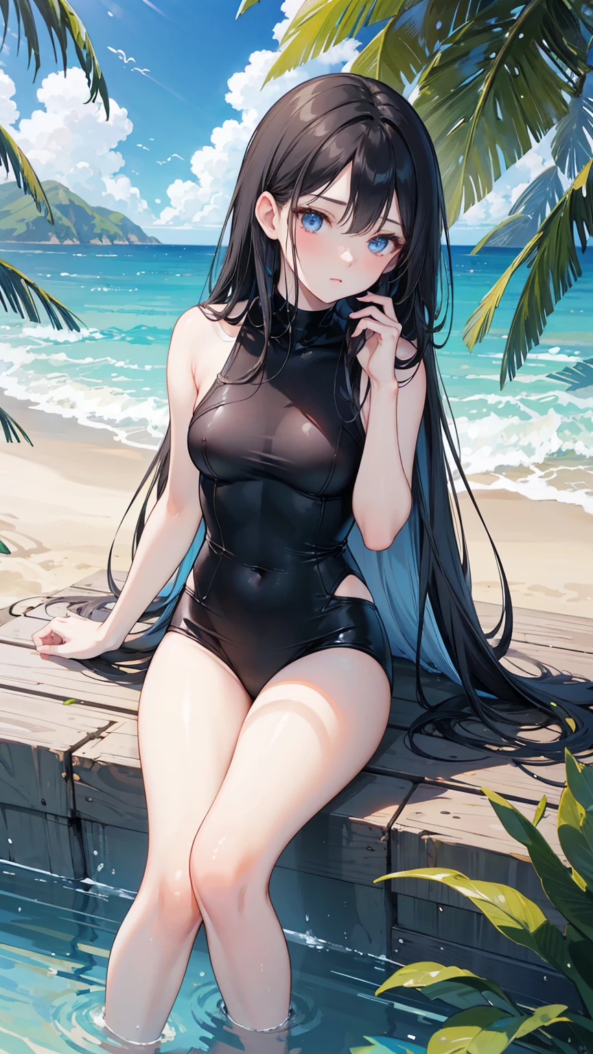 Masturbation coastal Long Black Hair Swimsuit off
