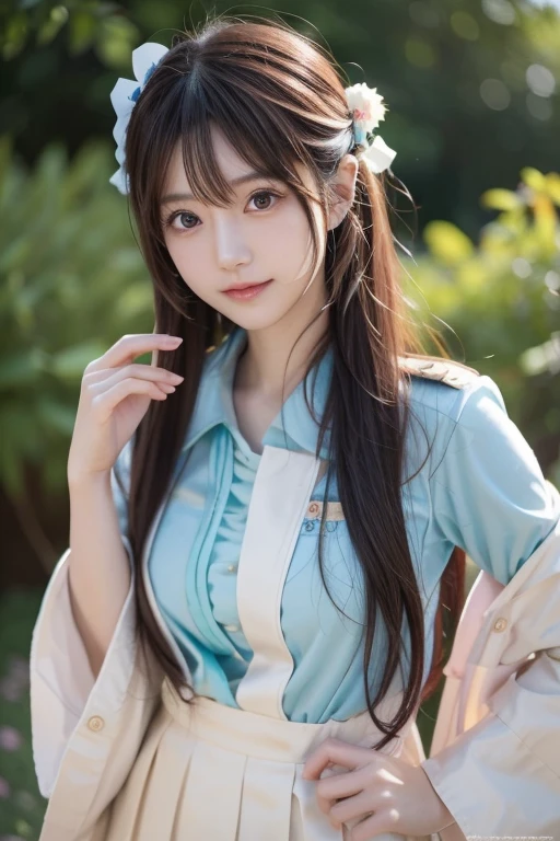 (8k, Best Picture Quality, tmasterpiece:1.2), (realisticlying, realisticlying:1.37), Super meticulous, 1个Giant Breast Girl, adolable, 独奏, beautiful detailed sky, dated,(Nasal redness),(ssmile:1.15),(Keep one's mouth shut)ellegance,美丽细致的眼睛,(long whitr hair:1.2),Flowing hair NovaFrogStyle,frock