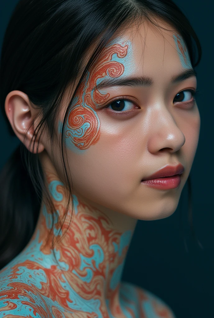 elaborate portrait of a monk by Laurey Greasley, tsugumi ohba and Takeshi Obata, desire to achieve enlightenment, nirvana, yellow, orange, cyberpunk, detailed, realistic, 8k uhd, high quality, chinese characters, body writing, face painting,