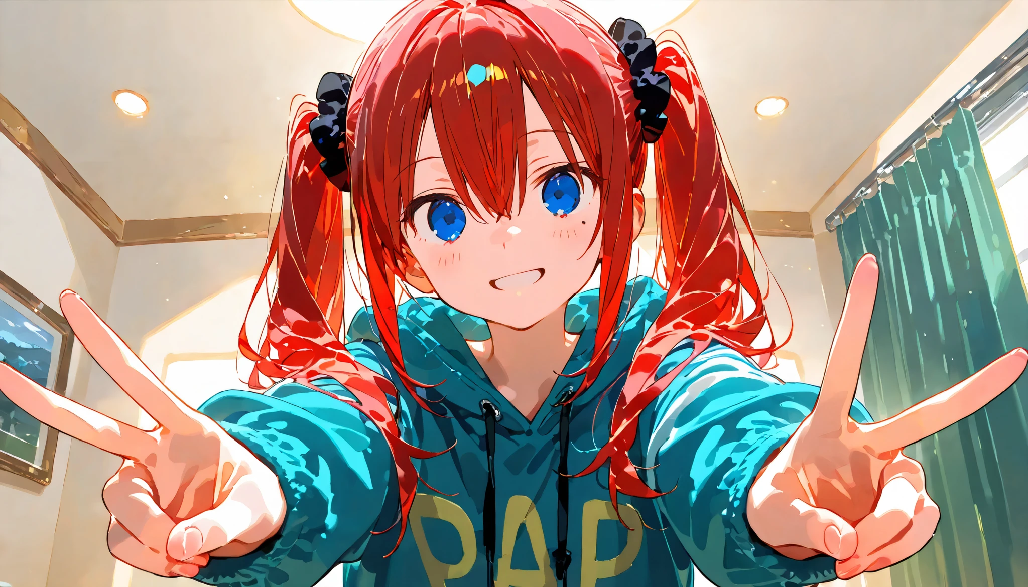masterpiece , best quality, 1girl, medium length and tied into twin pigtails on both sides, round eyes, black scrunchie, bangs,hair between eyes, red hair, blue eyes eyes, mole under left eye, -yeld, mng a peace sign, hoodie, looking at viewer, smiling, in the room, hyper detailed, anime, (hard-edged:1.4), golden ratio, highly saturated colors, dynamic pose, upper body