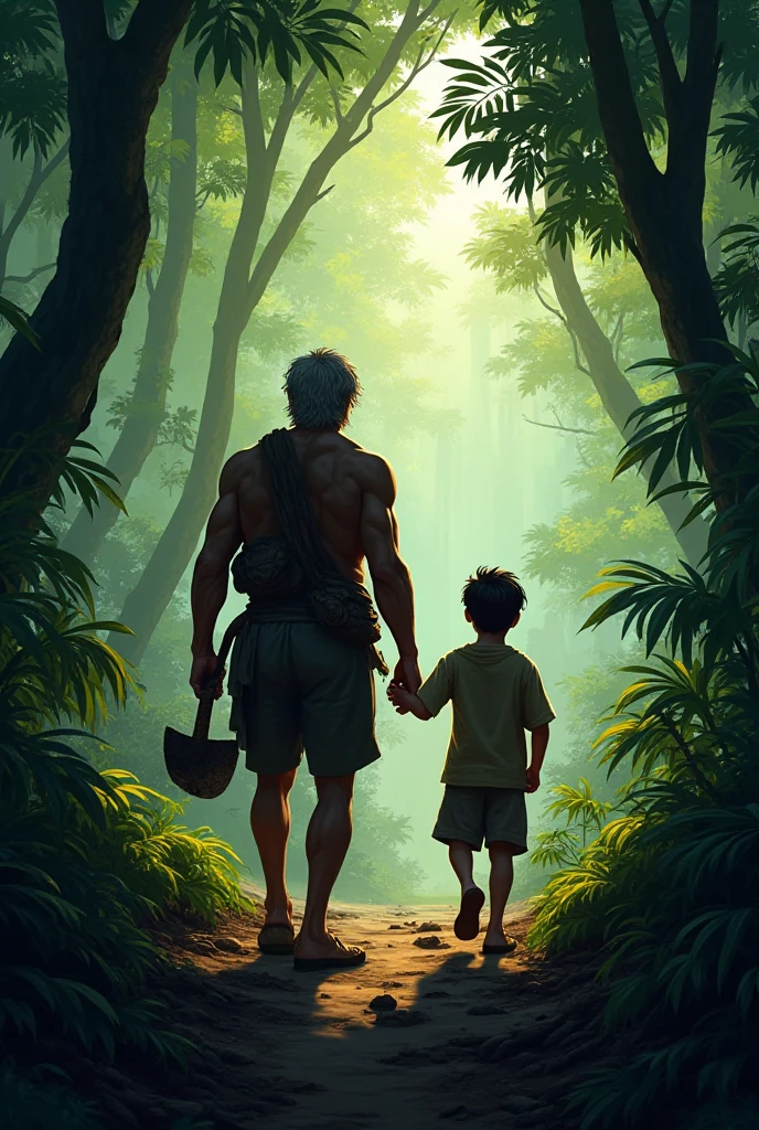 Handsome man untying a cute young man from a chain tied to his leg in the jungle