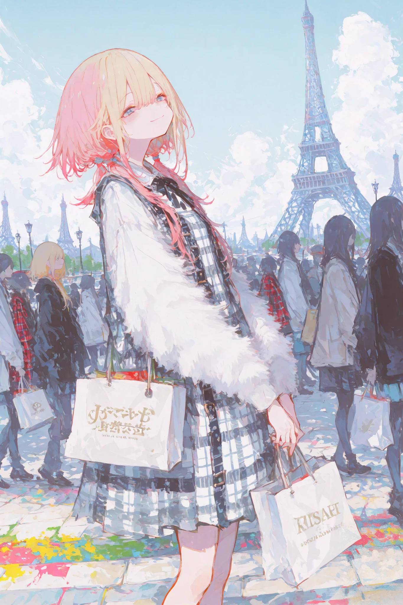 illustration, best quality, dramatic lighting,r17329_illu,usnr,Anime style,Colorful perspective,illustration,best quality,1girl,long blonde hair,pink hair tips,twin tails,plaid dress,smile,shopping bags in both hands,cheerful expression,wind-blown hair,Eiffel Tower in background,clear blue sky,fluffy white clouds,lively park setting,people walking in distance,modern Parisian vibe