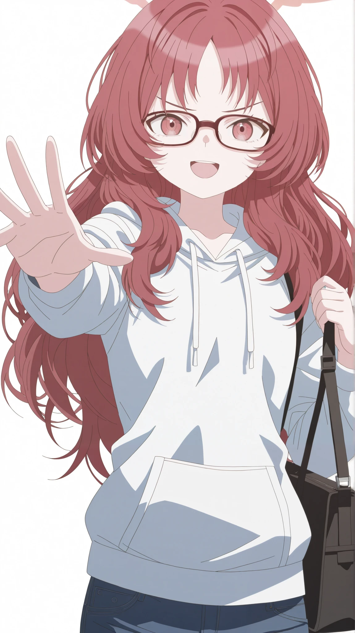 1girl, solo, masterpiece, best quality, front view, (2D: 1.4), (no shading: 1.3), Anime Screencap, strokeless, simple line,
BREAK, miewz, red eyes, glasses, red hair, long hair, Blue Archive, white hoodie, medium chest, jeans, smile, open mouth, fairy skins, upper body, bag,
BREAK,
looking at viewer,
BREAK,
simple background, white background, raised one hand, perfect hand, perfect fingers,