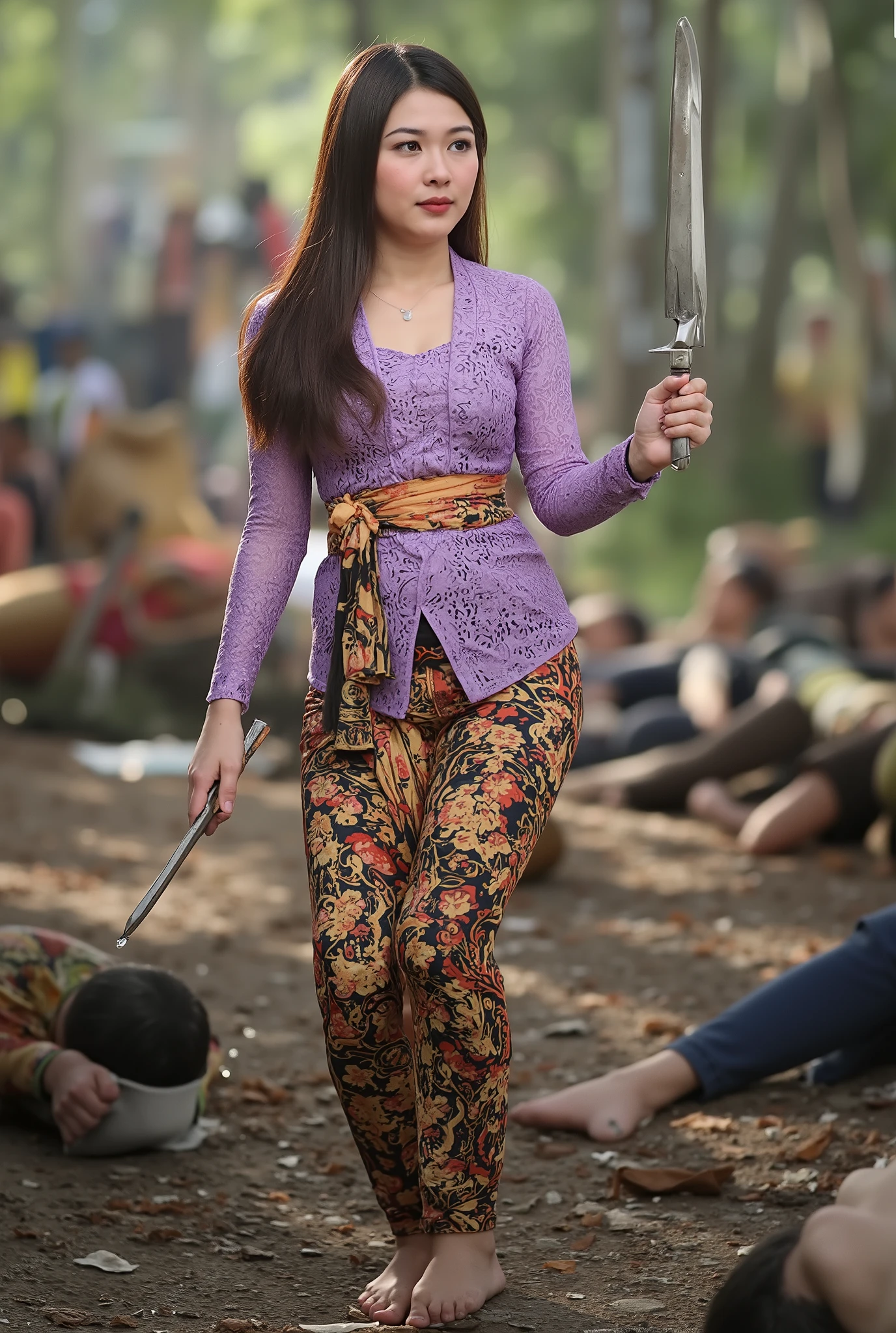 Realistic, Very beautiful girl, girl feet, girl knife, girl very thick hair, girl kebaya, piles of ninja s everywhere