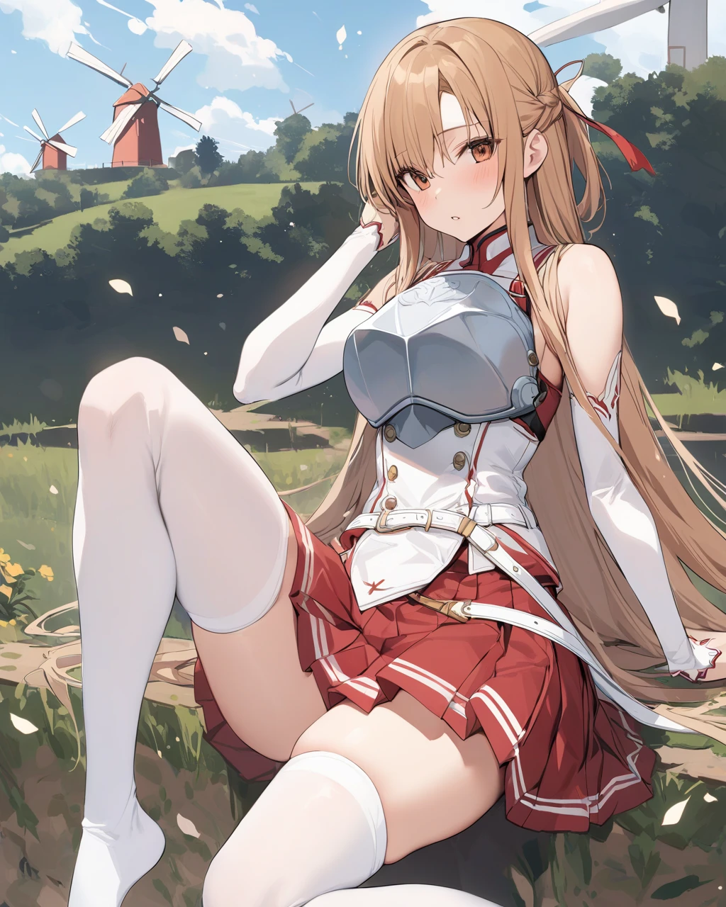 NSFW, masterpiece, best quality, ultra-high-detailed,1boy, 1girl, blush, open mouth, (Nose Blush:1,2), crying, (embarrassed, blush:1.3, ecstasy:1.5, slut:1.5, fucked silly:1.4), (cowgirl position:1.5), girl on top, hetero,
aaasuna, long hair, brown hair, braid, brown eyes, bare shoulders, armor, breastplate, white sleeves, detached sleeves, red skirt, pleated skirt, white thighhighs, ((best quality)), ((very detailed)), masterpiece, absurdities, (detailed eyes, deep eyes), detailed pupils, bright face, sexy body, big breasts, narrow waist, medium hips, wide thighs, perfect hands, perfect anatomy,
pov, (sex:1.2), (penis:1.2), vaginal, straddling, sweat, looking at the viewer