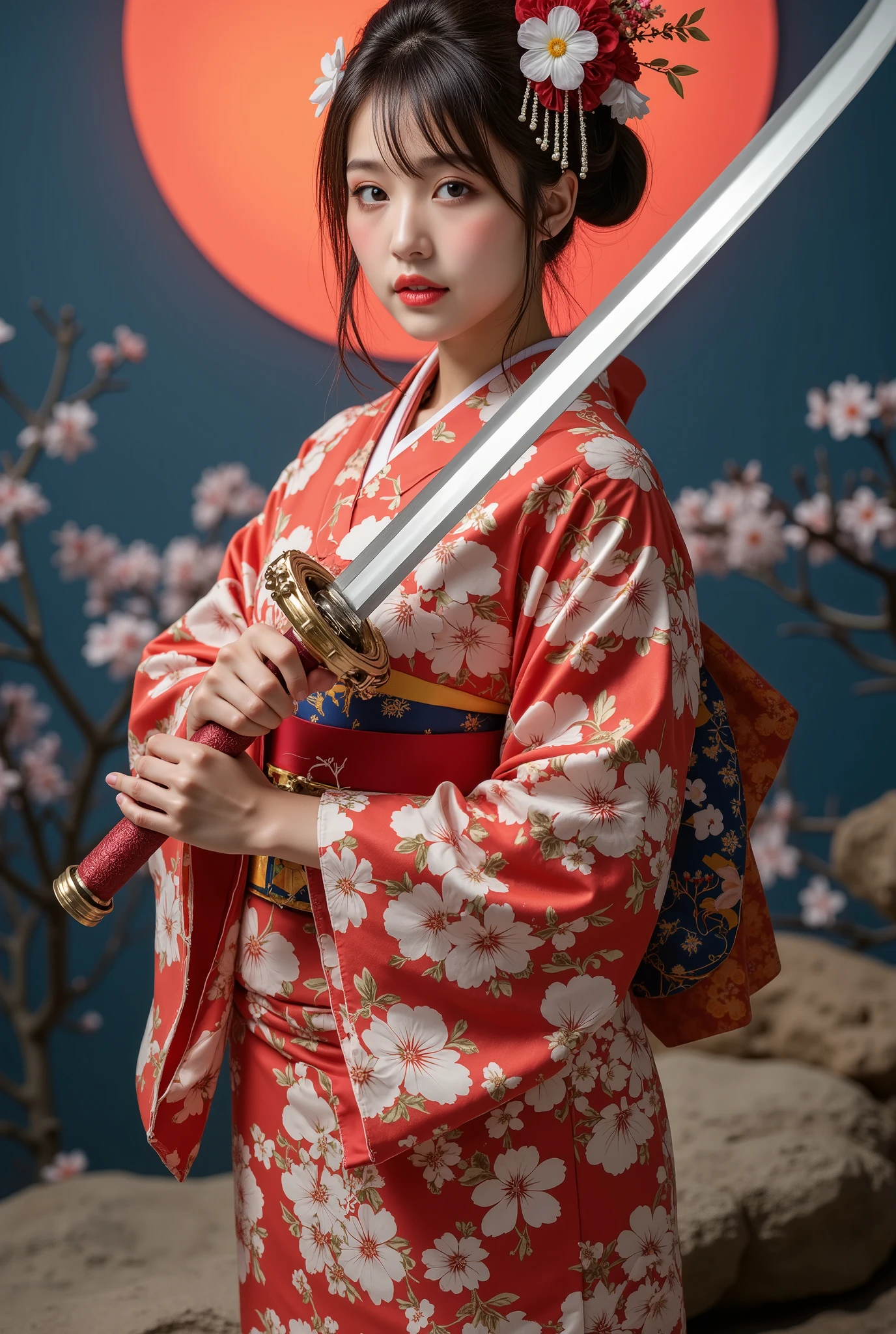 ( masterpiece, TOP QUALITY, by Nomi, high resolution, photos, :1.3), sharp concentration, 1 Beautiful Japanese Geisha Girl, ((( Beautiful kind face :1.5))), Geisha hairstyle, ((( plump body))), Japanese Geisha's Gorgeous Kimono, Standing Pose, (( full body shot)), full body, has a large sword, Japanese style background, night,
