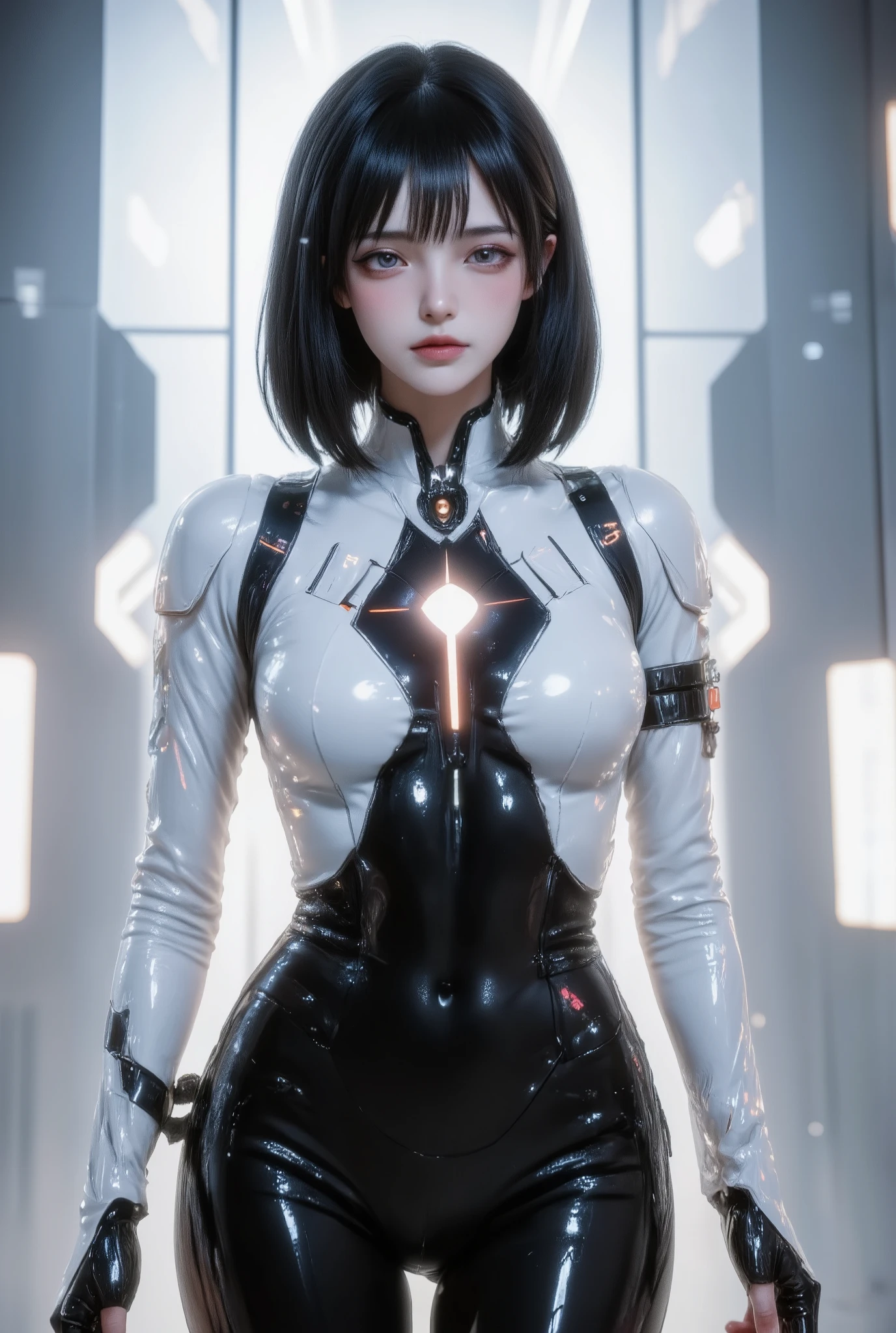 score_9, score_8_up, score_7_up, score_6_up, score_5_up, score_4_up, 1girl, solo, seductive expression,(masterpiece)), Highest quality, Very detailed,(One Girl), master piece, best quality, score_9, score_8_up, score_7_up, score_6_up, score_5_up, score_4_up, masterpiece, best quality, very aesthetic, absurdres, Score_9, Score_8_up, Score_7_up, Score_6_up, Score_5_up, Score_4_up, Source_anime, Tag1, Tag2, Best quality, High quality, Detailed, High resolution, 8k, Ultra highres, Soft saturation, Professional quality, Perfect contrast, Perfect lighting, Anatomically correct, Sensual woman, young female, seductive BREAK Face focus, detailed face focus. Sexy Idol Girl, white skin, Good style, dynamic and sexy pose. Create an ultra-detailed digital artwork of a futuristic female cyborg. She has shoulder-length dark hair and a serene expression. Her body is partially composed of sleek, high-tech robotic elements, featuring an illuminated core at her chest. She wears a mix of advanced armor and flowing garments, combining white and black materials with intricate designs. The background should be minimalist and high-tech, showcasing subtle geometric patterns and glowing elements. The overall mood should convey a blend of beauty and technology, with an atmosphere of advanced science fiction