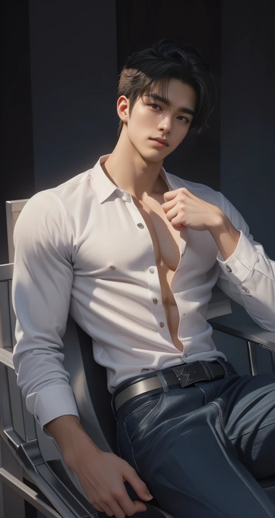 Wet Sexy man, male in a wet white shirt and tan pants sitting on a chair, big chest, anime handsome man, handsome anime pose, handsome guy, male anime character, human male character art, handsome stunning realistic, anime portrait of a handsome man, clothed in wet white shirt, sweat, (best quality)), ((masterpiece)), (detailed)