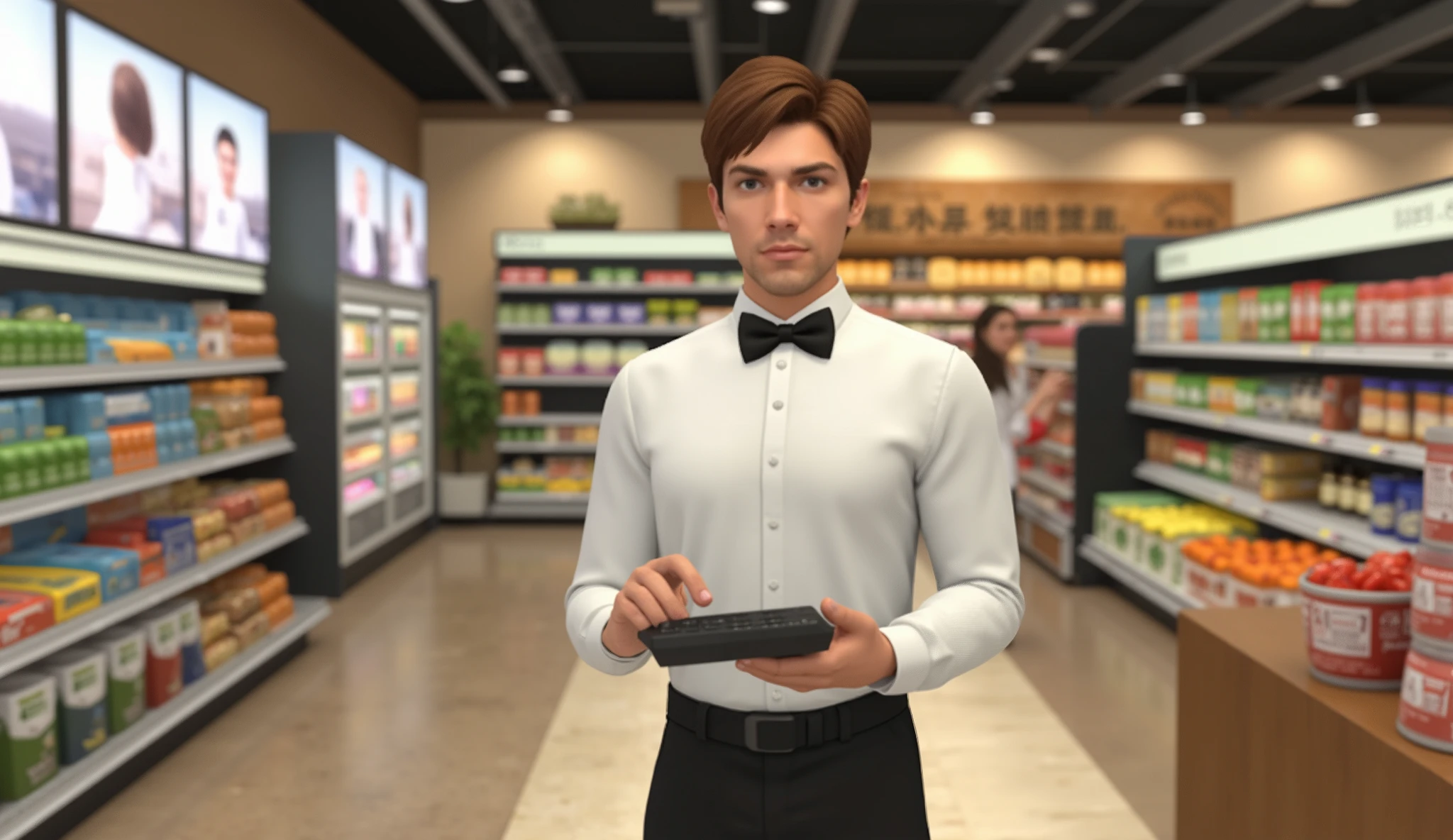 A European and American man with short hair ，supermarket cashier， wearing a white shirt ， with a black bow tie at the neckline ,  wearing black pants on her lower body ， has short brown hair, holding a calculator in her hand  ， to face the camera，Supermarket simulation game，3D Characters