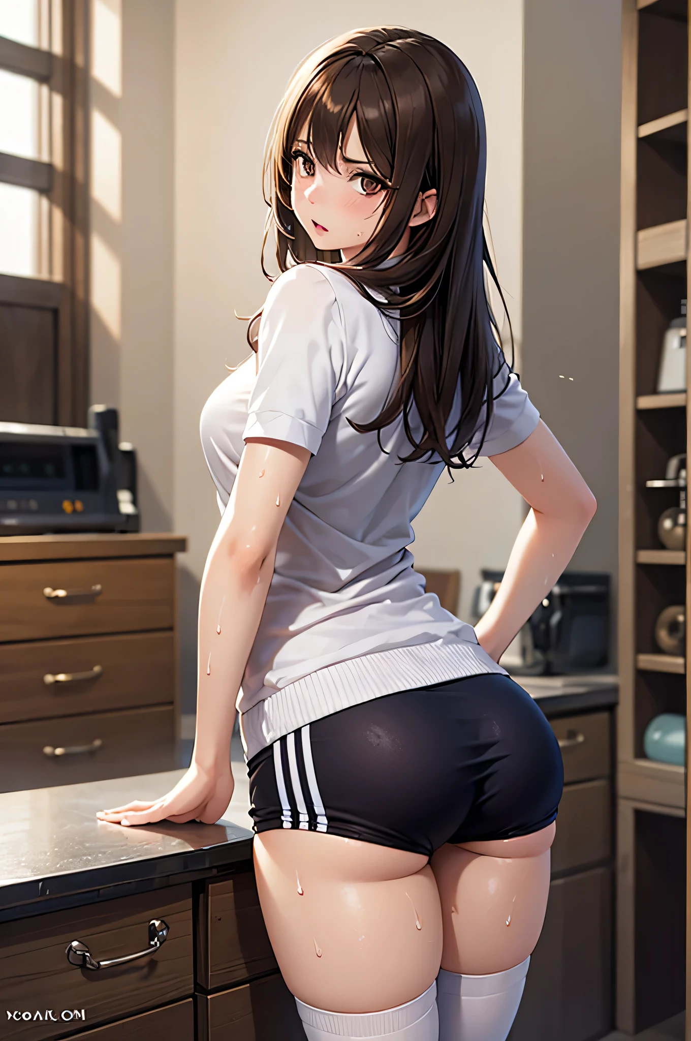 A girl in white knee-length socks and a big breasts apron lying on the table and pouting her ass