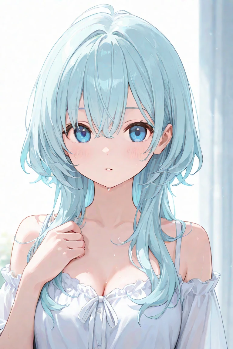 light blue off shoulder blouse、Light blue clothes