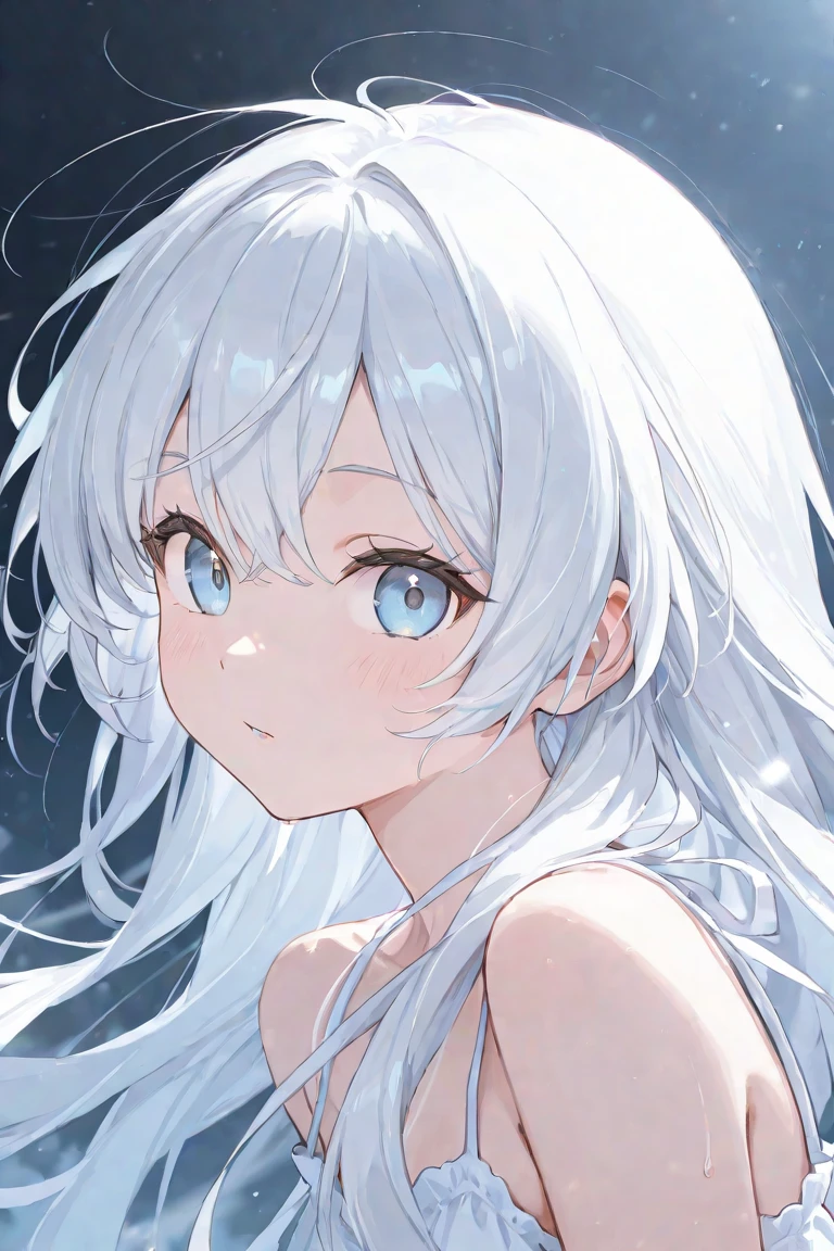 1 girl, white fluffy bikini, (((wet))), white room, cinematic lighting, hot room, beautiful longer neck, choker,relaxing, knees up:1.5, sleepy milky face, white micro-bikini, beautiful longer thighs, pale skin, beautiful slender face、nap-time , detailed hair, (beautiful big round eyes), (ultra-intricate pupil in eyes, shiny eyes), long eyelashes, double eyelids, parted lips, kawaii, cute, ( flat chest), slender, (ultra delicate and beautiful skin), insanely detailed clothes, perfect anatomy, dynamic angle, BREAK (masterpiece, best quality), (ultra-detailed 8K), (perfect design), absurdres, highres, ((blush)), (super fine illustration), ((light blue long hair))), 10 years old, long hair ((blush)), masterpiece, best quality, (amazing, beautiful detailed eyes, blunt bangs),、(Top resolution、Distinct_image) best qualtiy、(((Transparency)))、contrasts of light and shadow、simple background、((Soaring blue petals))、((illuminating))、ighly detailed、Semi-realistic、((makeups)),Braided hairstyle、deadpan、((White shirt))、((View from above))、delicated facial features、Facial features、Full body like、