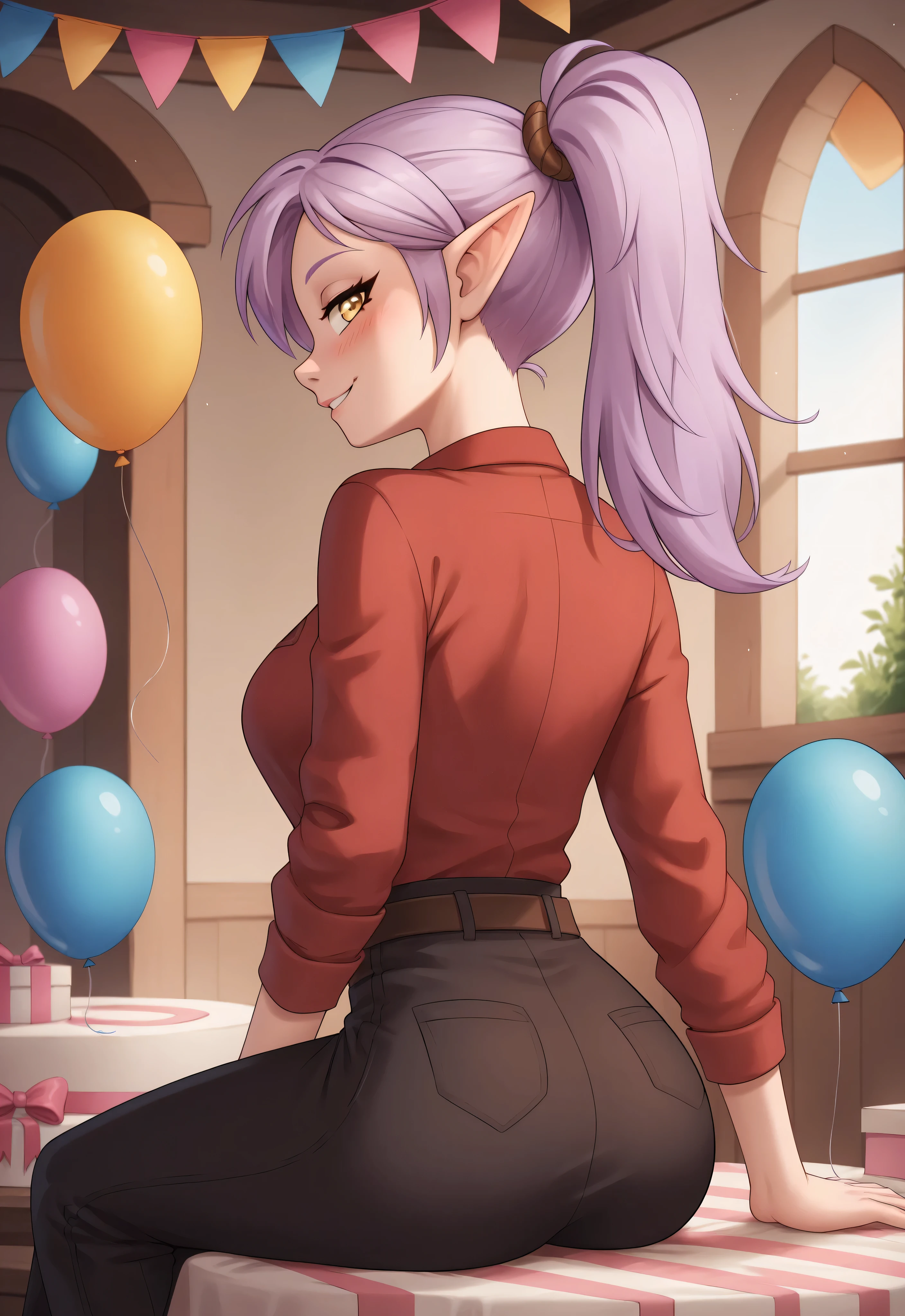 (4K HD Quality), score_9_up, score_8_up, score_6_up, anthro, solo, 1girl, female, (elf), lavender hair, long hair, golden eyes, medium large breasts, 

(Amity_Blight_Season_3_Version), (ponytail_hair_style), 

blush, perfect smile, looking at view, 

shirt, long pants, sitting, birthday present, balloon, birthday party background, view from behind, rear view, 