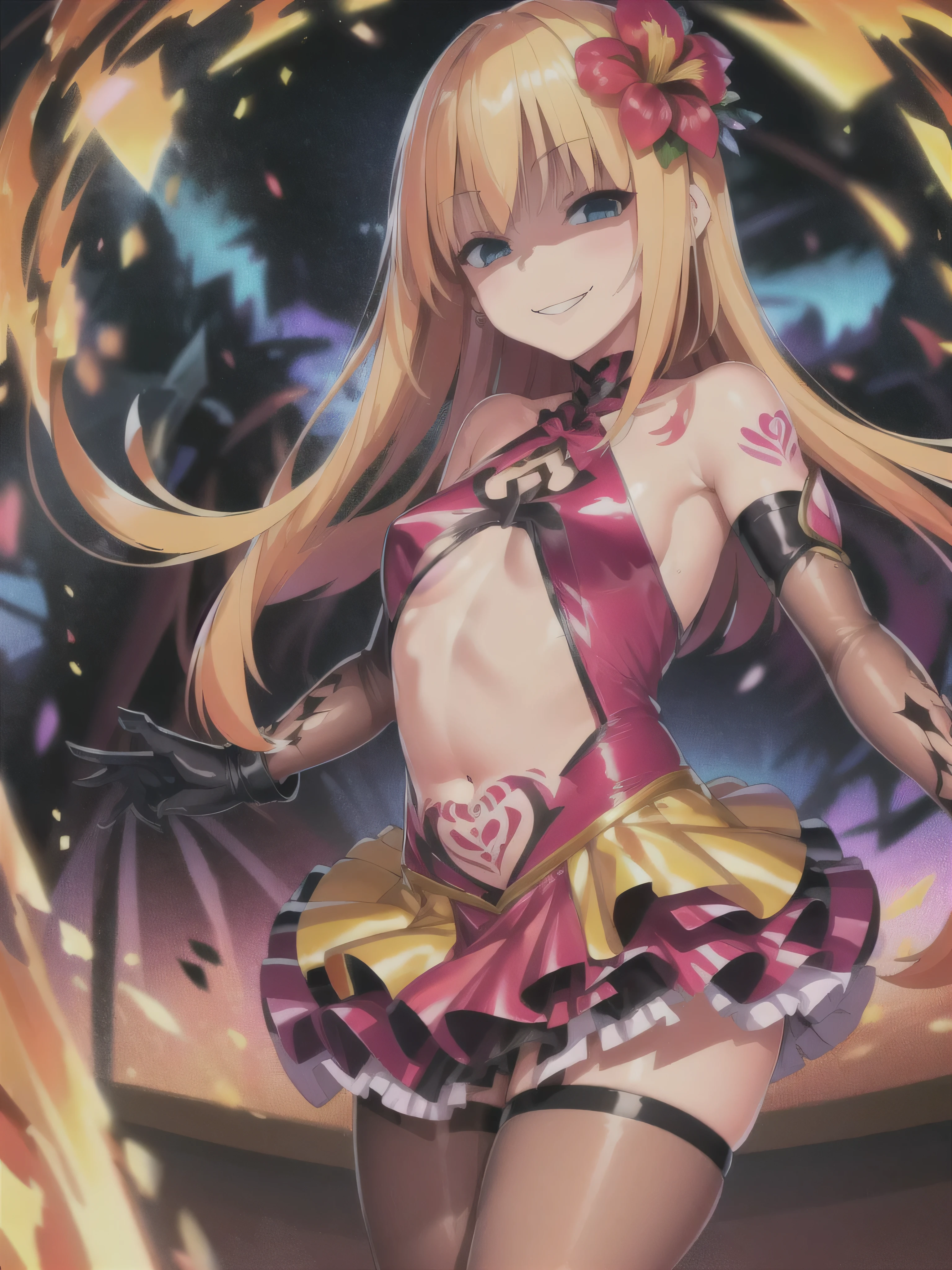 Black Magician Girl, Blonde, choker, Green Eyes, Long Hair, blush, blush stickers,, Live Stage, Large Breasts, One girl, smile,