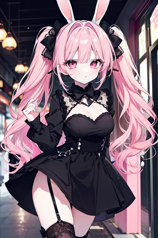 Girl with pink hair, long twintail hairstyle, small bushy eyebrows, wearing gothic lolita swimsuit, lolicon (Zankuro) drawing style by zankuro artist, Zancro style, image uploaded in R34, bikini panties wet with semen in a a street