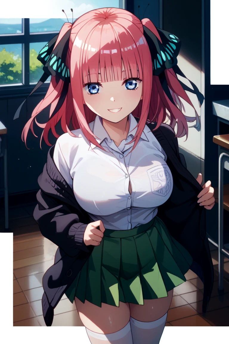 (looking at the viewer: 1.1), Smile, alone, thin, nino nakano, (blue eyes: 1.1), ((butterfly hair ornament)), (hair ornament), (hair band), pink hair, blunt bangs, two sides up, (long hair) , (large breasts: 1.1), (black cardigan: 1.1), (open cardigan: 1.1), (dress shirt), (white shirt: 1.1), long sleeves, sleeves past the wrists, (green skirt), pleated skirt, low top, extended low top, cleavage, nipples, leaning forward,indoors,window,
