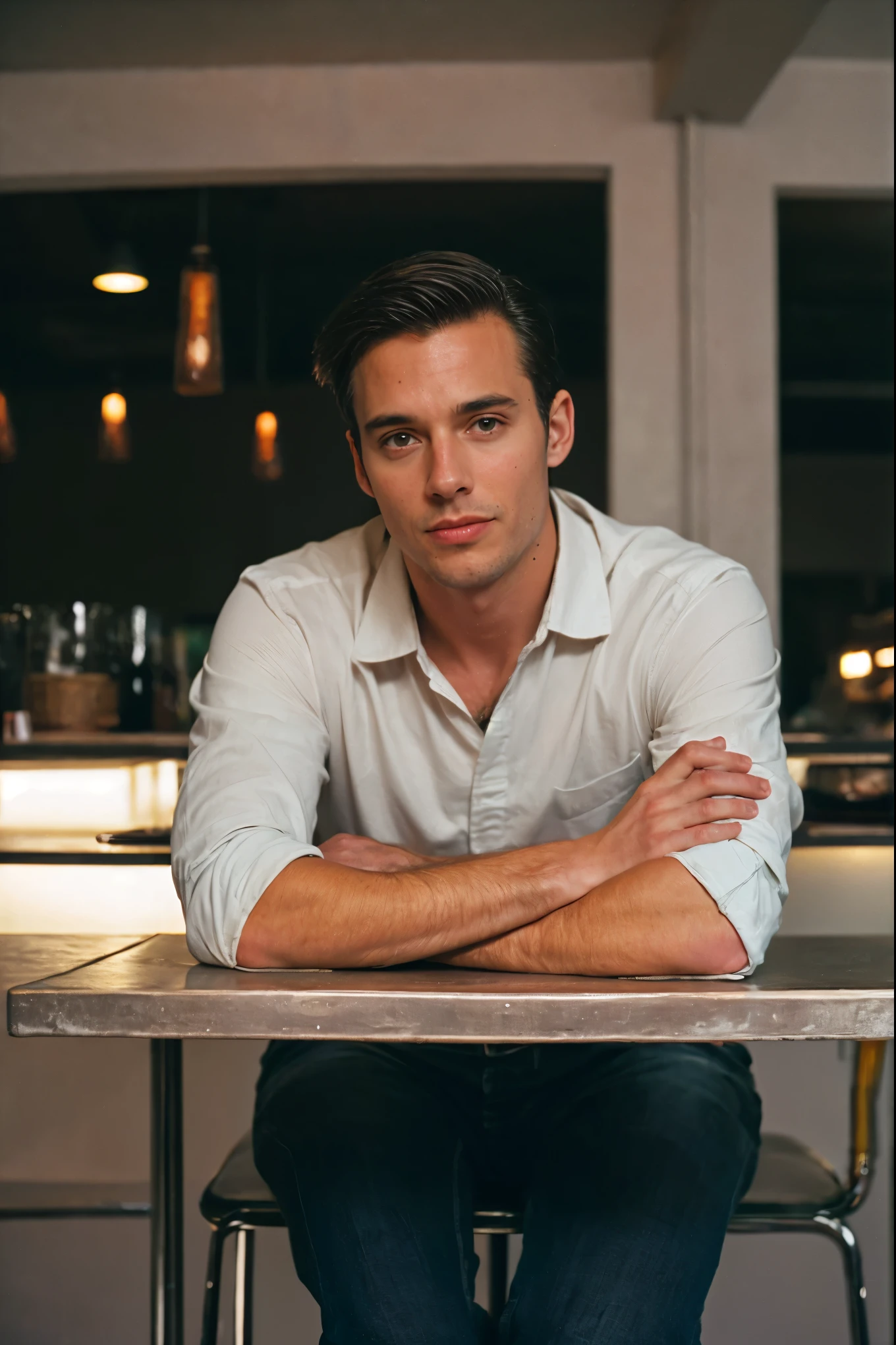 Wide Shot, natural light, analog film photo, Kodachrome ,handsome men sitting in a restaurant