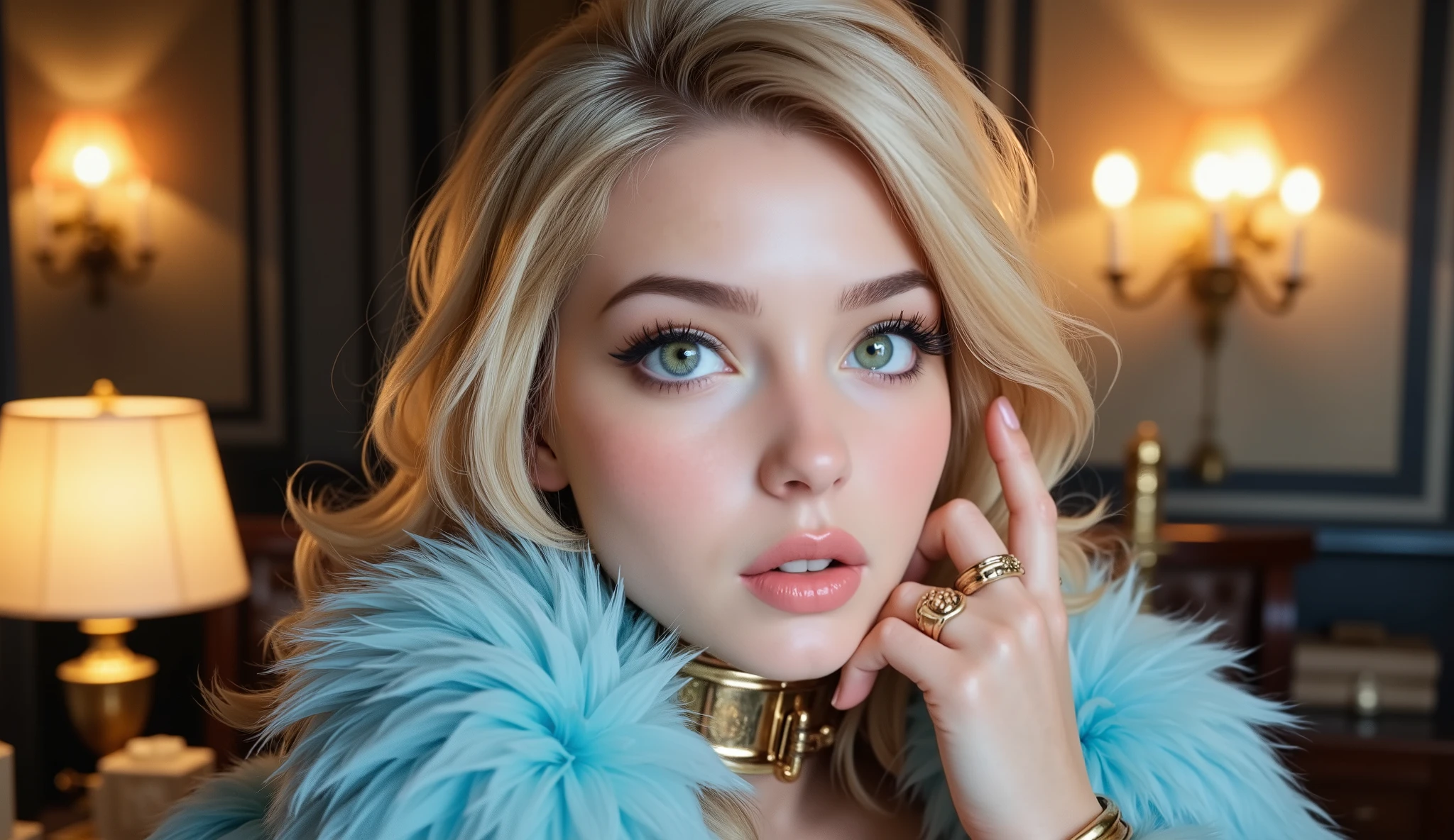 She, blonde with green eyes and a big round booty and big boobs 3 sizes, in a chic outfit with fur, covers the chest with her hands, emphasizing chest , hips, straight fingers , lots of fur