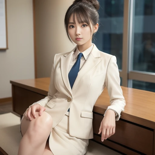 Beautiful woman wearing an office lady suit, open button, visible breasts, visible niple, wering mini skirt, sitting in the table, opwn legs, panties visible (Kissing a beautiful middle-aged man in a suit:1.1)、(In an empty office)、(A detailed face:1.5)、The background is a window with a view of a skyscraper、(Night:1.6)