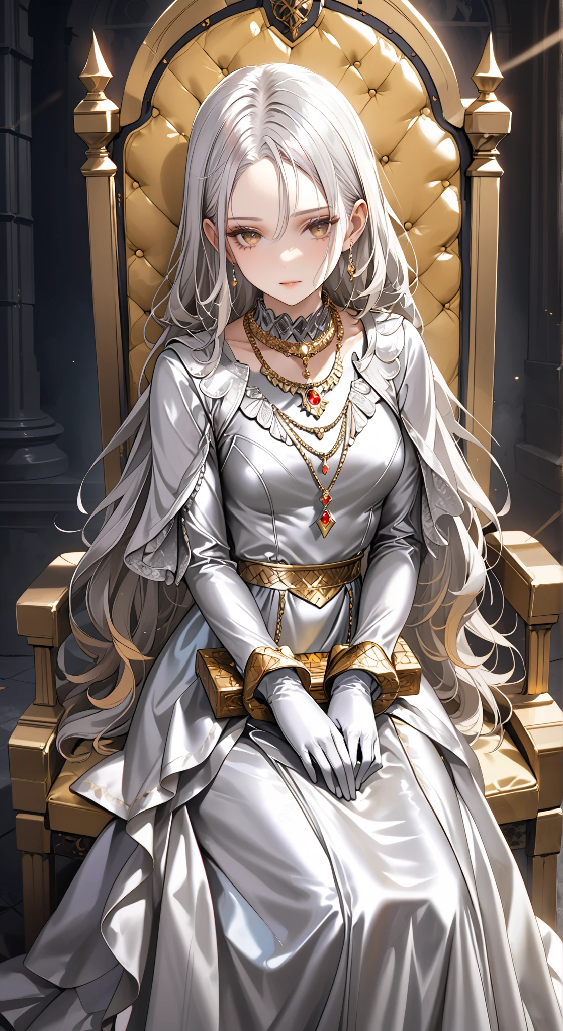 portrait、god々Shining light、( masterpiece, top quality, Ultra High Resolution ),Extremely detailed CG, Japanese woman with pale silver hair,(( beautiful face)),(( long sleeve long dress made of pale silver satin))、((The dress has a simple design without embellishments)),Ruffled Skirt、(Well-fitting pale silver satin bodysuit )、pale silver satin gloves, wearing a golden necklace , sitting on a golden throne