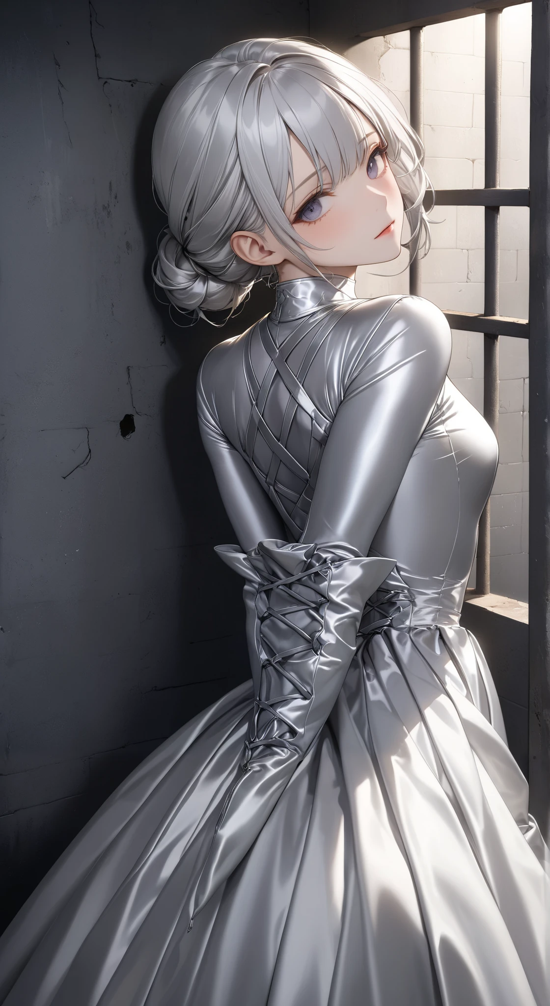  portrait、god々Shining light、( masterpiece, top quality,  Ultra High Resolution ),Extremely detailed CG, back of Japanese woman with pale silver hair,(( beautiful face)),(( long sleeve long dress made of pale silver satin))、((The dress has a simple design without embellishments)),Ruffled Skirt、(Well-fitting pale silver satin bodysuit )、pale silver satin gloves, in prison cell